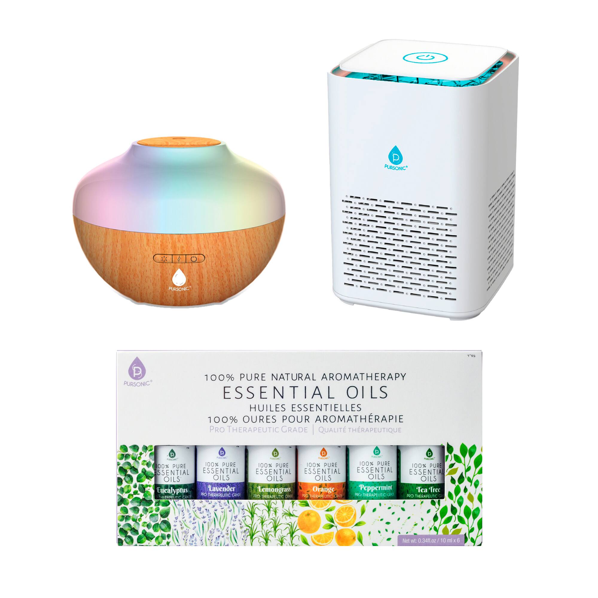 **Pursonic**

**100% Pure Natural Aromatherapy Essential Oils**

**Huiles Essentielles 100% Pures Pour Aromathérapie**

**Pro Therapeutic Grade**

**100% Pure Essential Oils**

- Lavender
- Orange
- Peppermint
- Eucalyptus
- Lemongrass
- Tea Tree

**Net wt. 0.34 fl oz / 10 ml each**