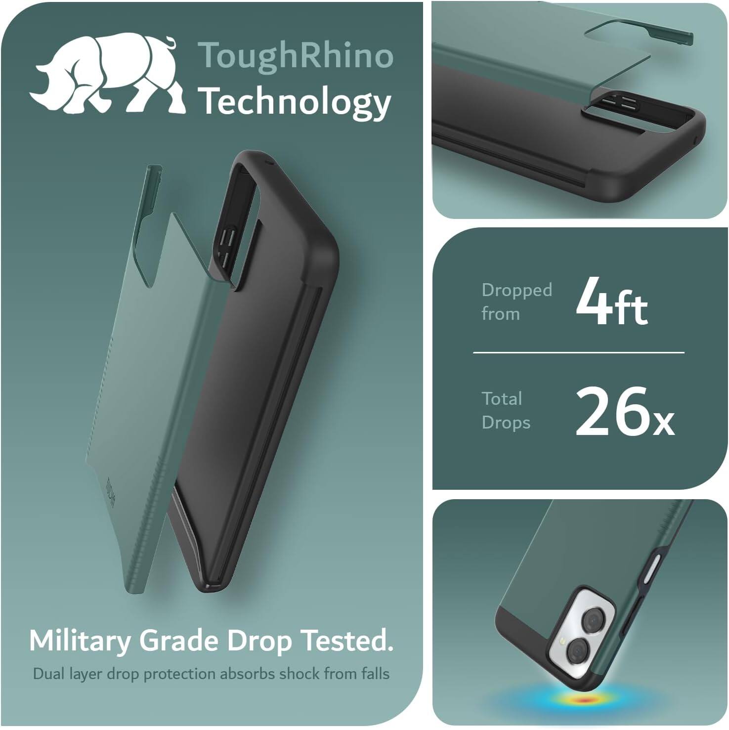 ToughRhino Technology

Dropped from 4ft  
Total Drops 26x

Military Grade Drop Tested.  
Dual layer drop protection absorbs shock from falls