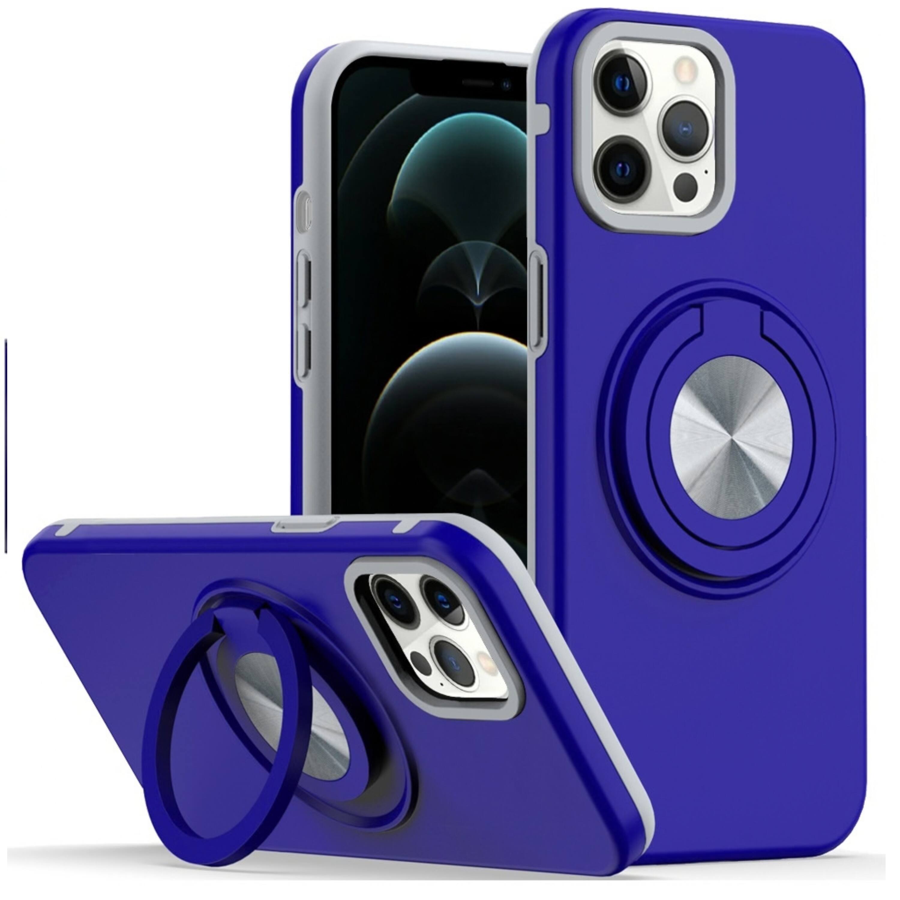 Front. Kitcheniva - Rugged Shockproof Ring Stand Phone Case With Tempered Glass For iPhone 12 Pro Max Blue - Blue.