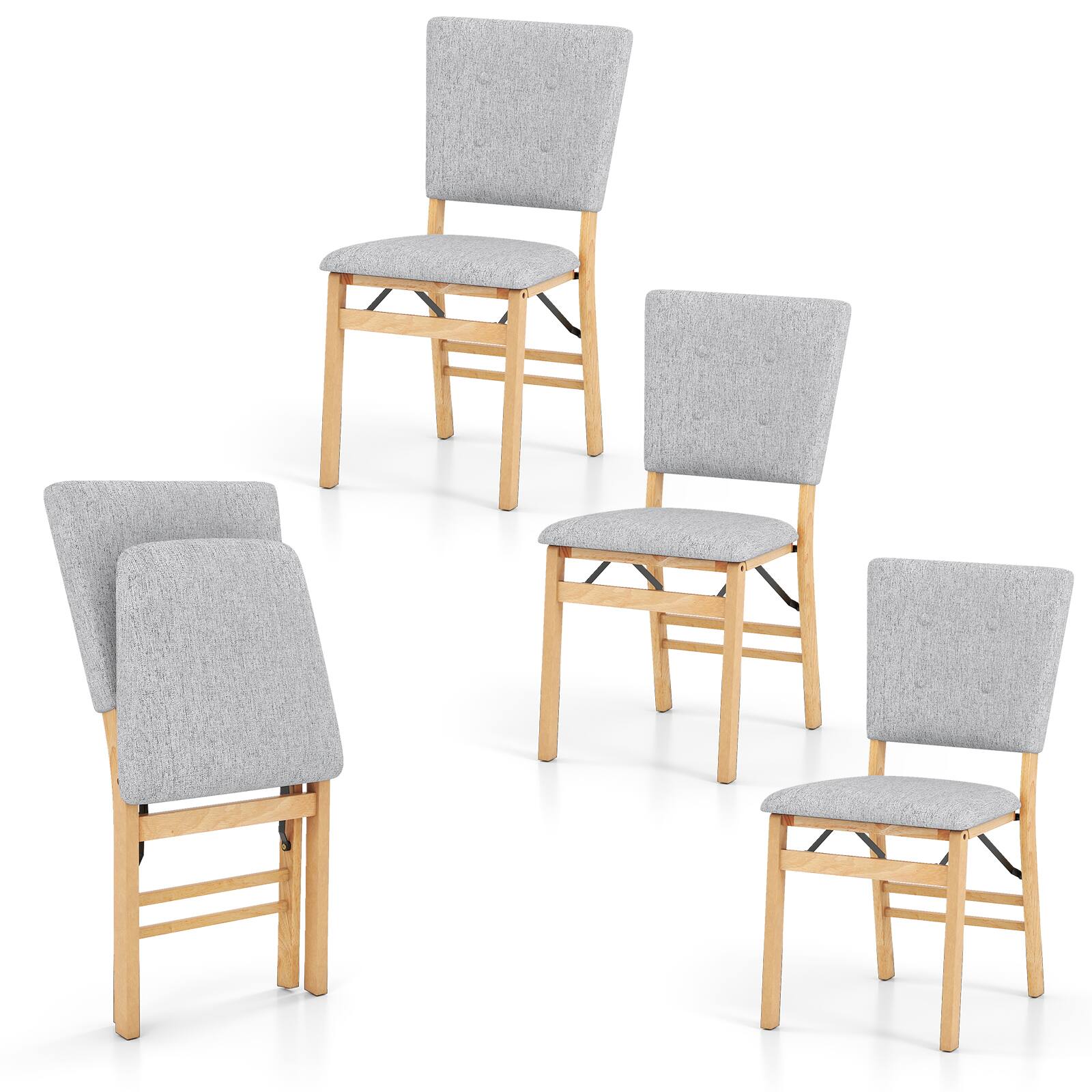 Front. Gymax - Gymax Foldable Dining Chair Set of 4 w/Padded Seat & Tilt Backrest Rubber Wood Legs Grey - Yellow.
