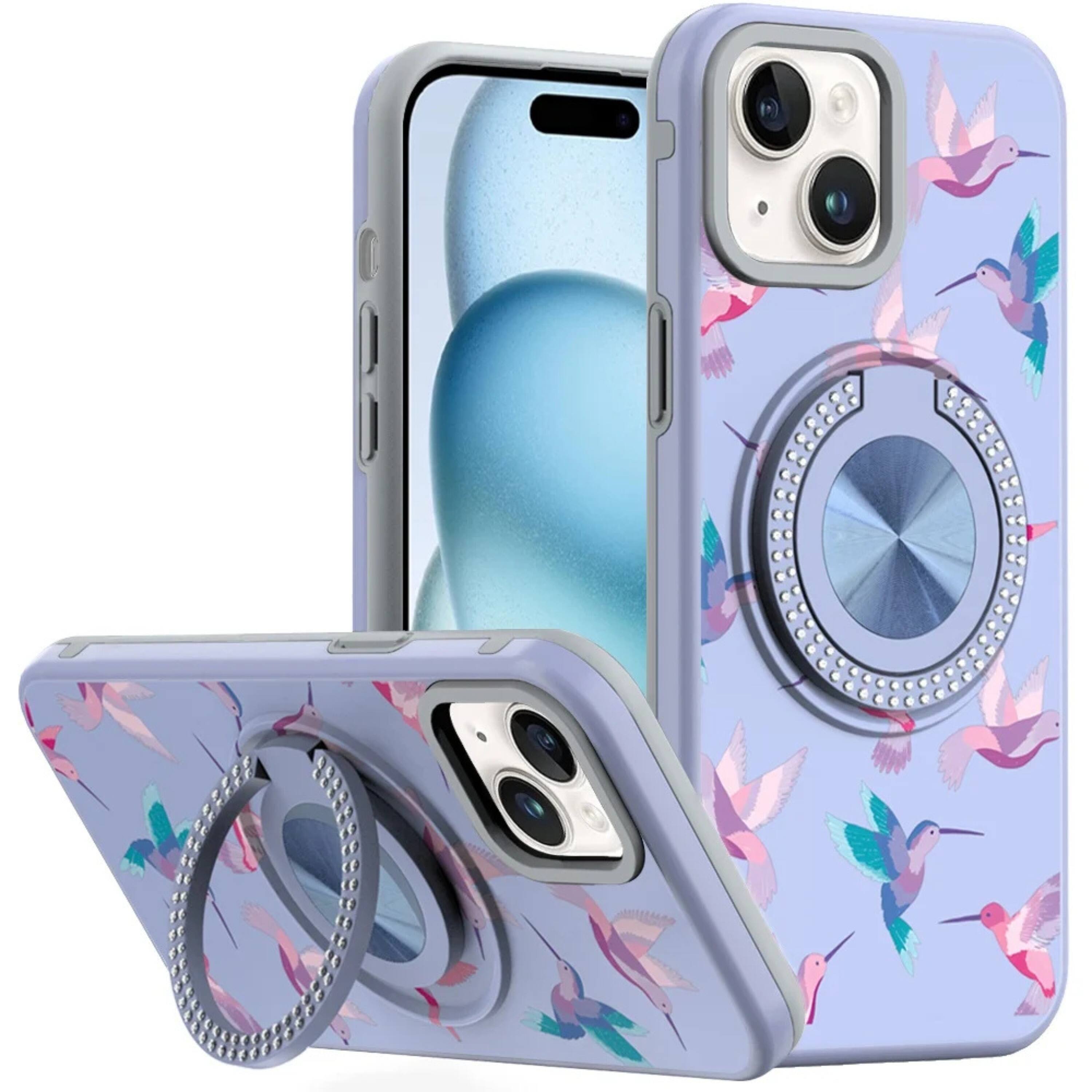 Front. Kitcheniva - Printed Bling 360 Rotating Ring Stand Phone Case With 2 Tempered Glass For iPhone 15 Hummbingbird - Humming Bird.