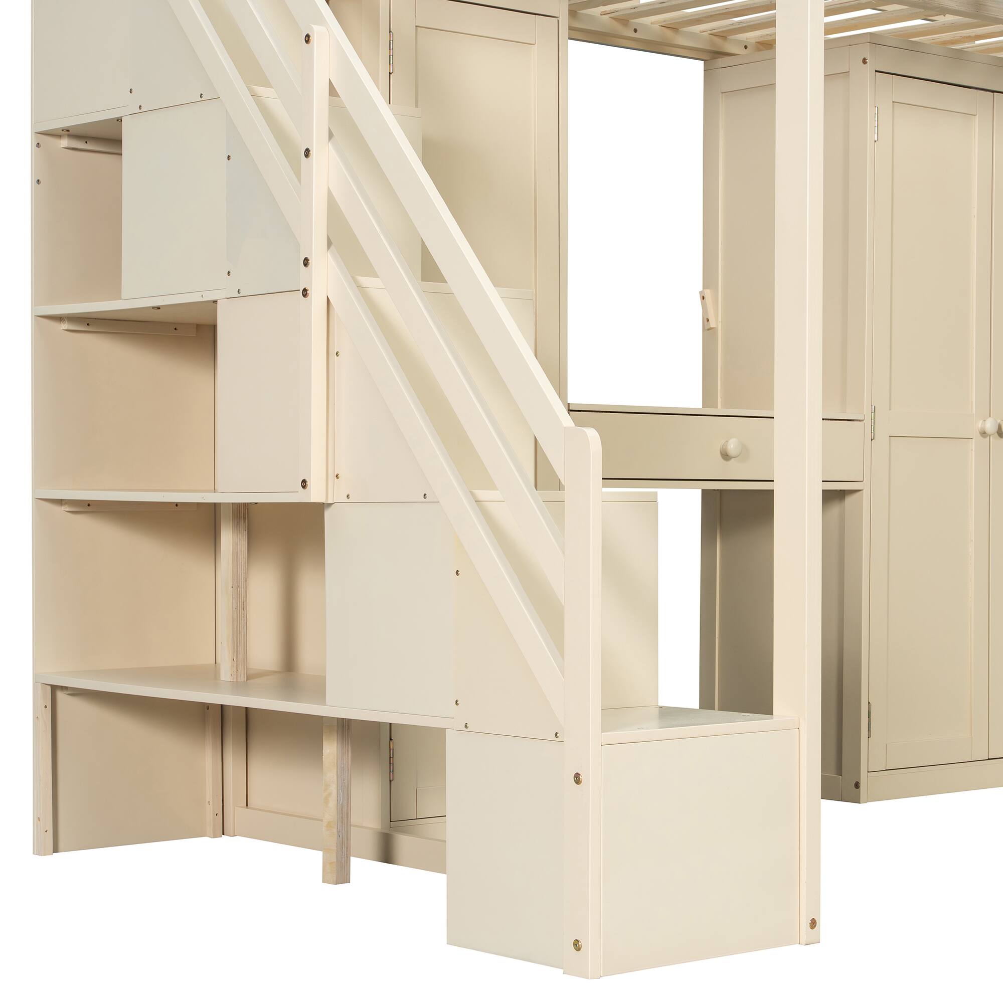 Alt View 6. Anysun - Full Size Loft Bed with Storage Staircase - Built-In Dressing Table & Mirror, Wardrobe, USB Ports & Lights - Beige.