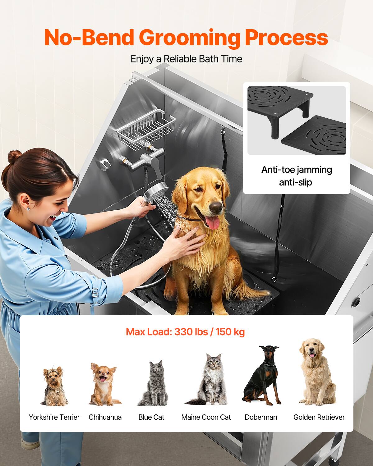 No-Bend Grooming Process  
Enjoy a Reliable Bath Time  

Anti-toe jamming anti-slip  

Max Load: 330 lbs / 150 kg  

Yorkshire Terrier  
Chihuahua  
Blue Cat  
Maine Coon Cat  
Doberman  
Golden Retriever