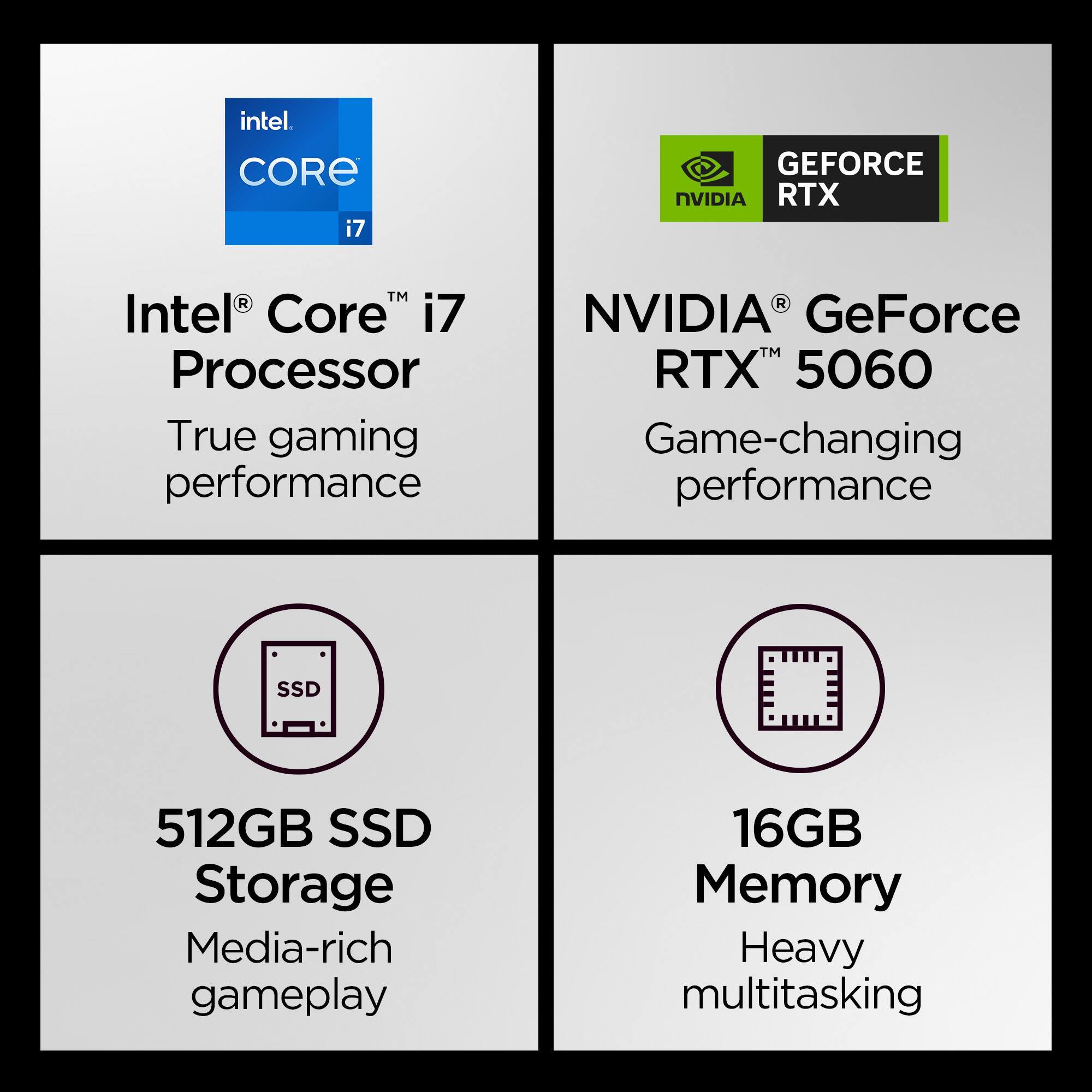 The text on the image is grouped and corrected as follows:

Intel Core i7 Processor:

* True gaming performance
* SSD 512GB SSD Storage
* Media-rich gameplay
* 16GB Memory
* Heavy multitasking

NVIDIA GeForce RTX 5060:

* Game-changing performance
* SSD 512GB SSD Storage
* Media-rich gameplay
* 16GB Memory
* Heavy multitasking