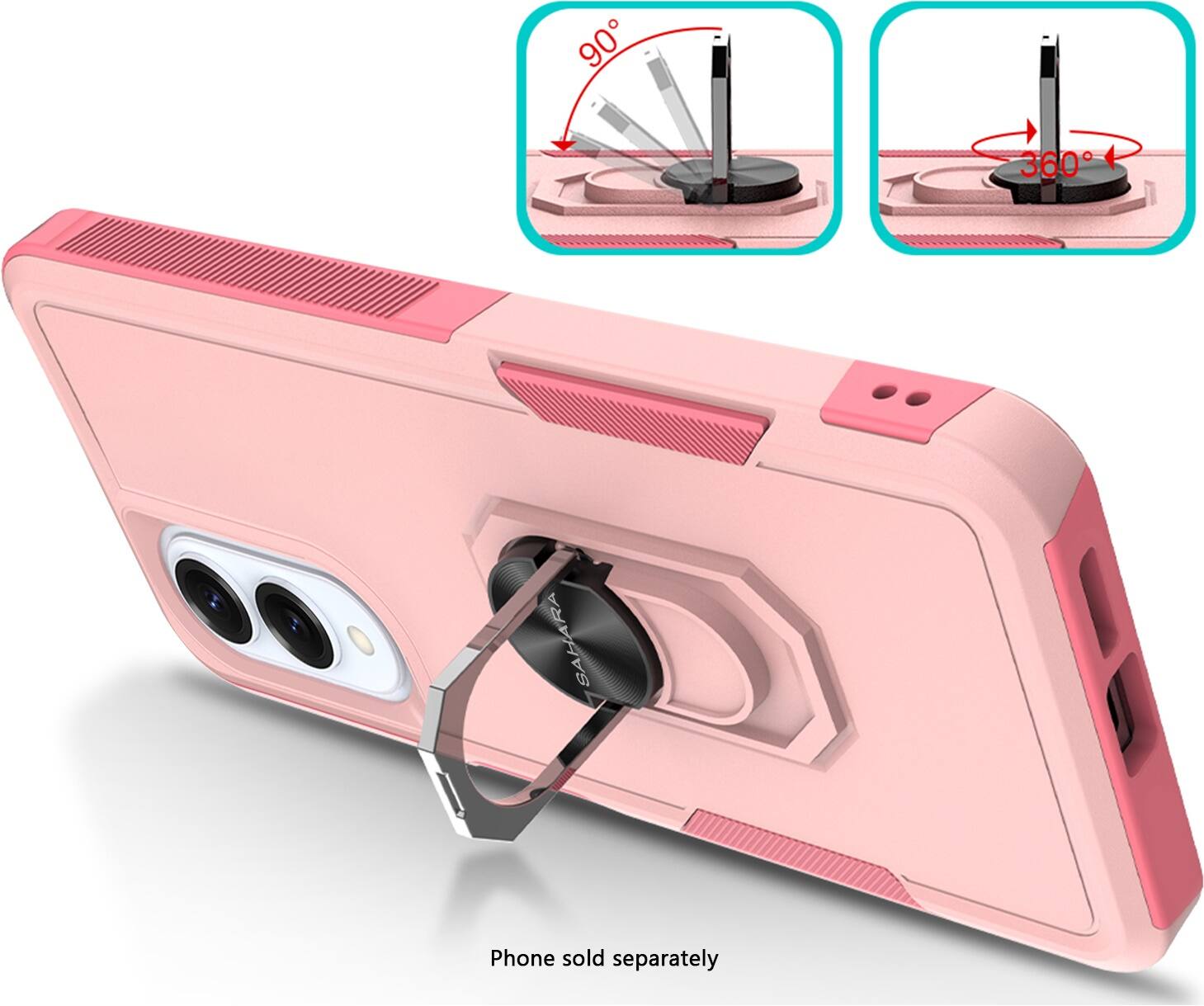 The text on the image reads "90 360 SAHARA I Phone sold separately." This suggests that the pink cell phone is not included with the case and must be purchased separately.