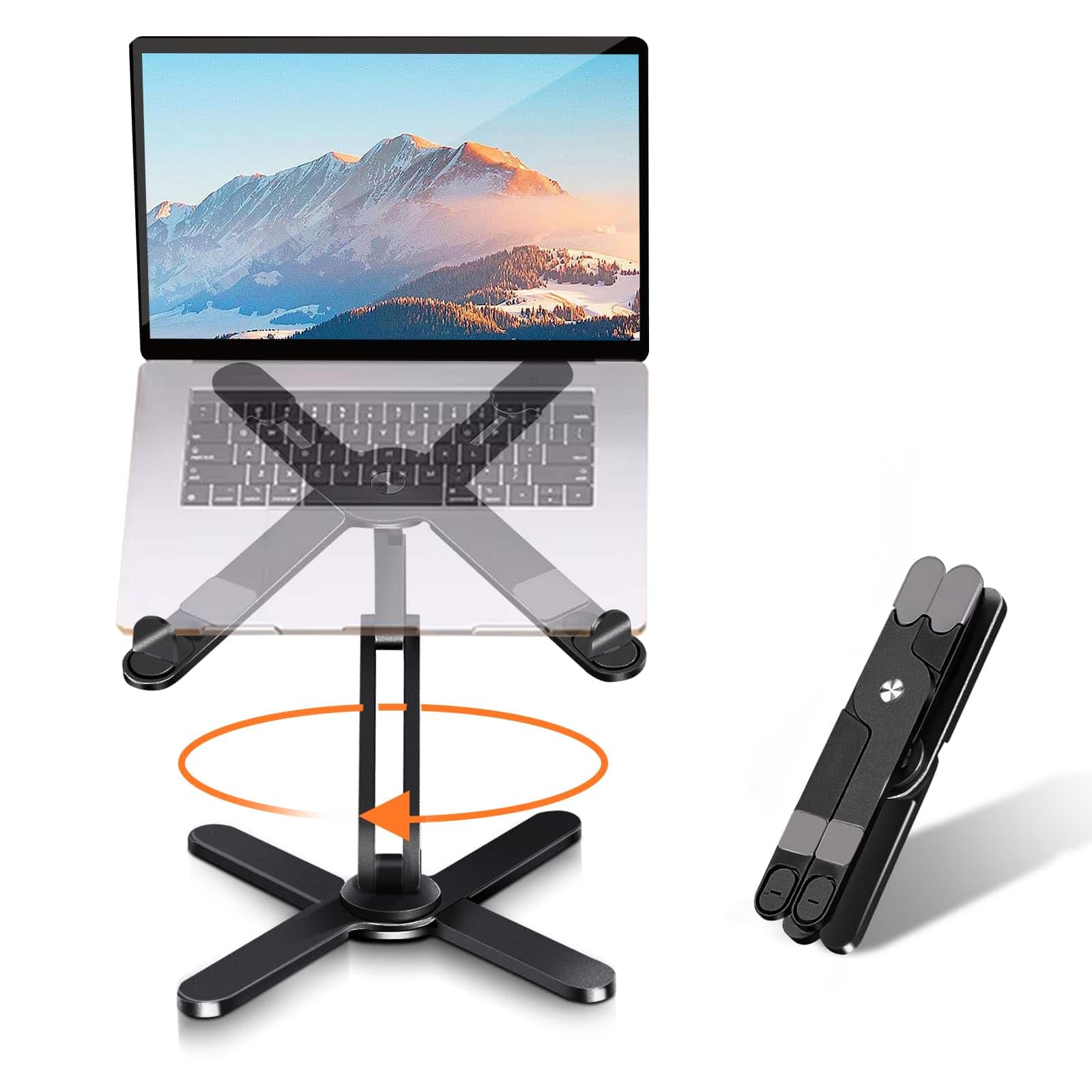 HongFei - Laptop Stand with 360 Rotating Base, Computer Notebook Riser Metal Holder for Desk, Fully Foldable, Fits All Laptops - Black