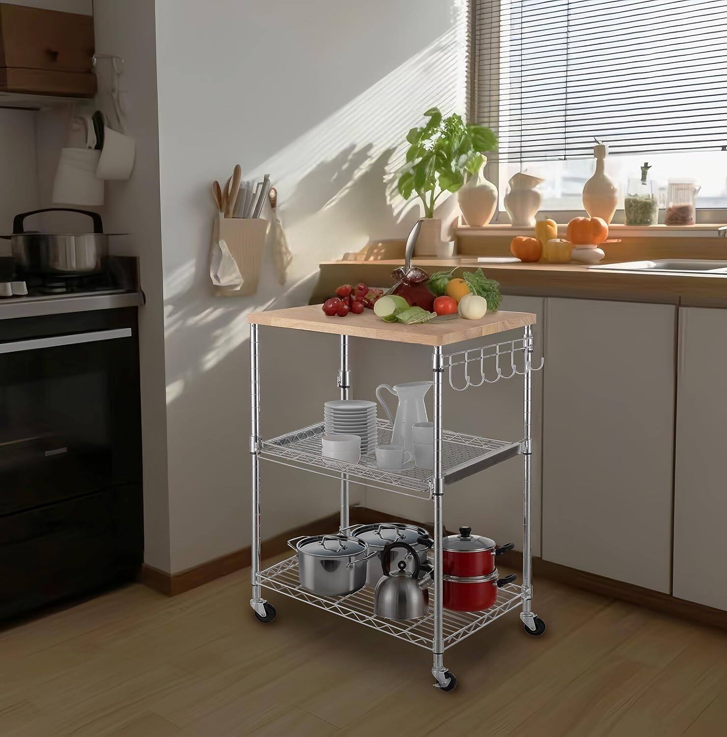 Alt View 3. Finnhomy - Finnhomy 3-Tier Rolling Kitchen Cart – 15" D x 23" W Oak Wood Top with Slider Shelf, Chrome - Chrome.