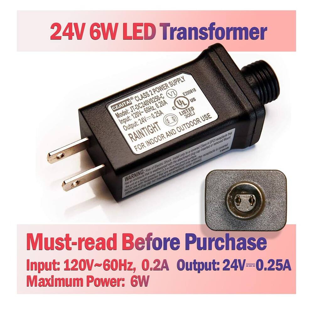 24V 6W LED Transformer

24V 6W LED Transformer SUPPLY 2 POWER VI E200816 CLASS US CZJUTAI JT-DC240V0250-C 60Hz, 0.20A C UL LISTED Model: 120V~ 24V=0.25A 30EJ USE

Input: 120V~60Hz, 0.2A
Output: 24V=0.25A
Maximum Power: 6W

RAINLIGHT FOR INDOOR AND OUTDOOR USE

Must-read Before Purchase
Input: 120V~60Hz, 0.2A
Output: 24V=0.25A
Maximum Power: 6W