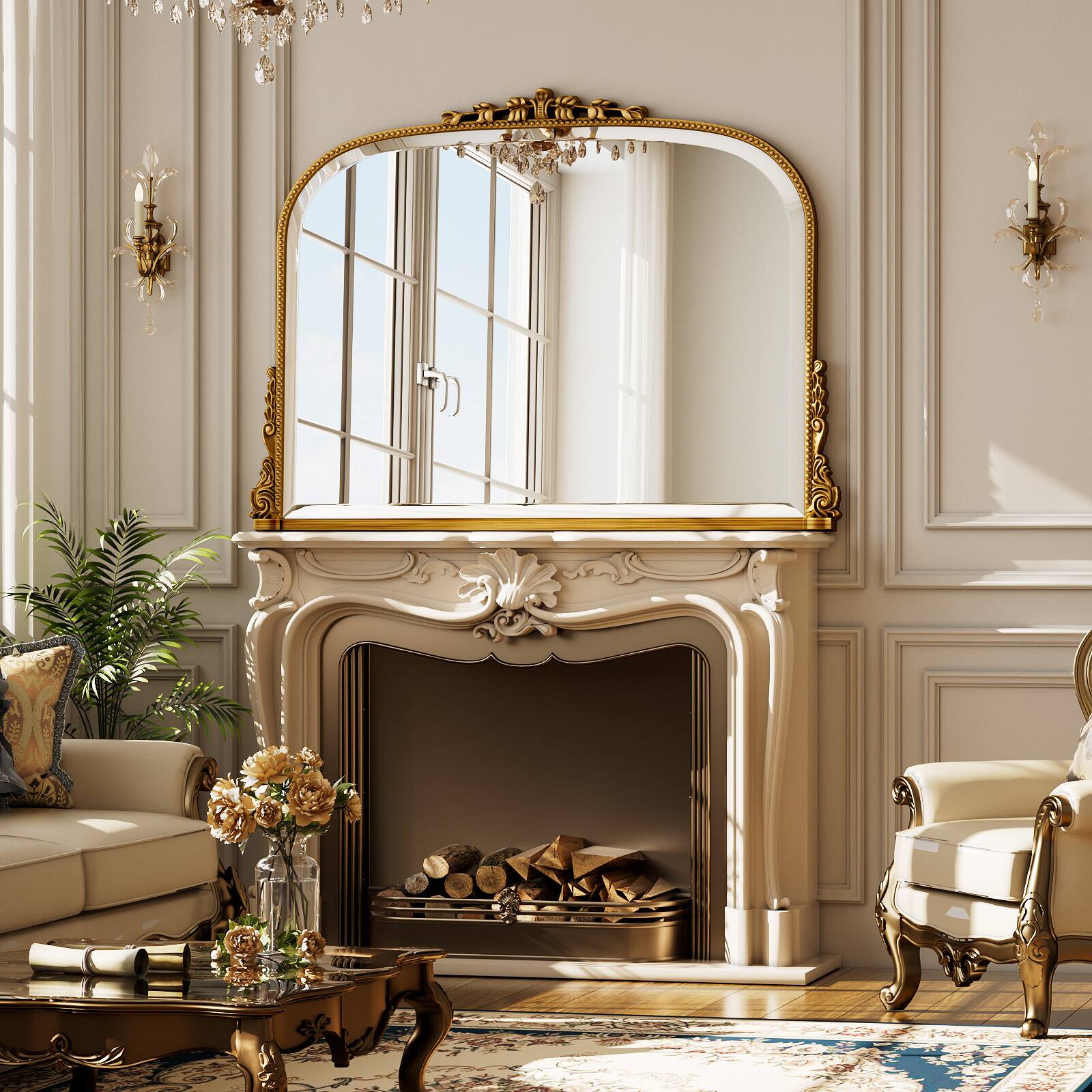 Back. Easly - Antique Gold 32 in. W x 44 in. H Carved Arched PU Frame Vanity Wall Mirror - Gold.