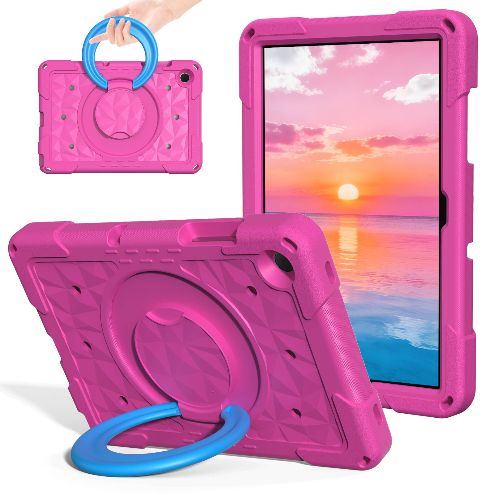 Left. Dteck - For Samsung Galaxy Tab A11+ 2025/ A9+ 2023 11-Inch Case, Rugged Shockproof 360° Rotating Grip Stand Cover + Strap - Rose+Blue.