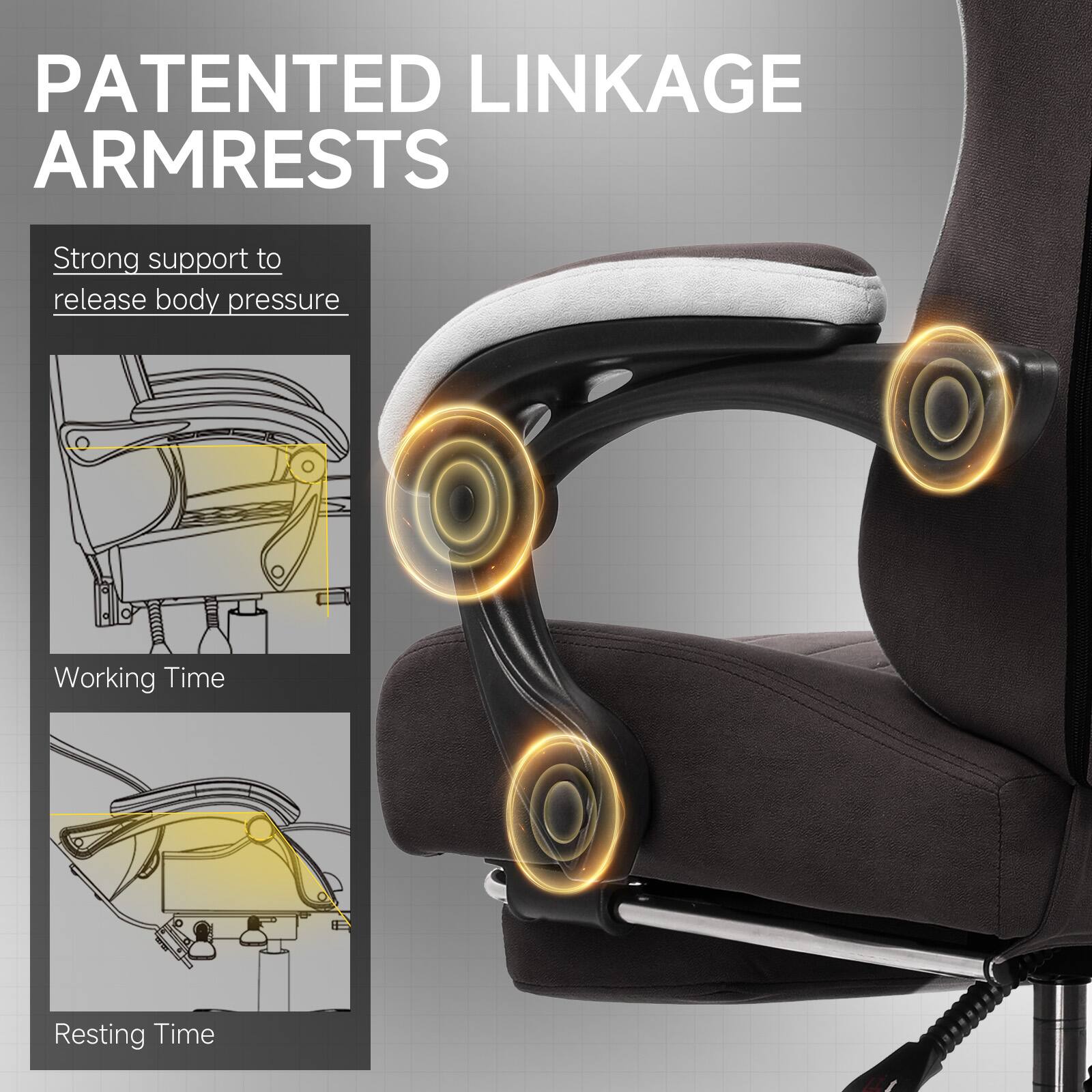 PATENTED LINKAGE ARMRESTS

Strong support to release body pressure

Working Time

Resting Time
