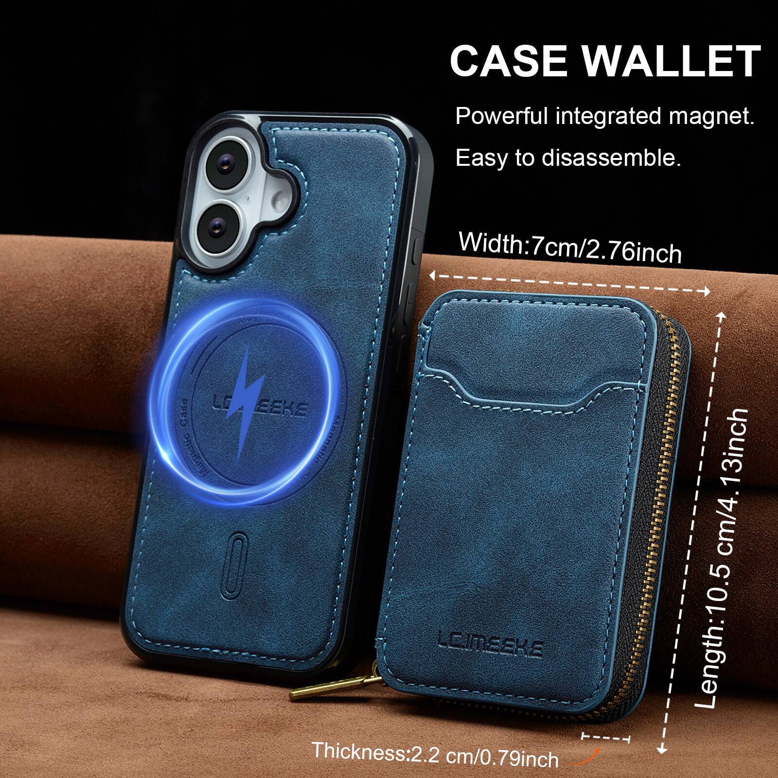 CASE WALLET  
Powerful integrated magnet.  
Easy to disassemble.  

Width: 7cm/2.76inch  
Length: 10.5cm/4.13inch  
Thickness: 2.2cm/0.79inch