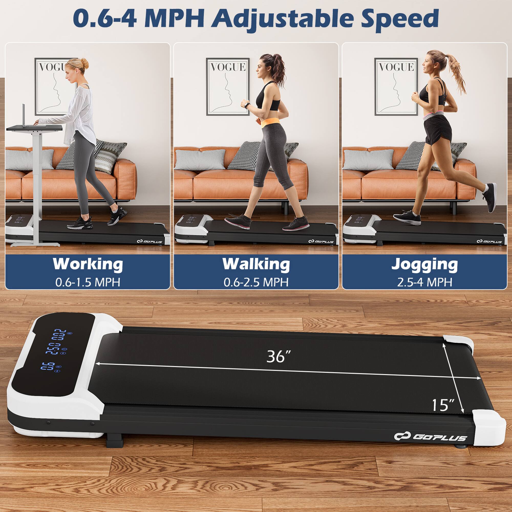 0.6-4 MPH Adjustable Speed

VOGUE
VOGUE
VOGUE

Working 0.6-1.5 MPH
Walking 0.6-2.5 MPH
Jogging 2.5-4 MPH

500 - 250
08 90 aP - 36"
15" GOPLUS