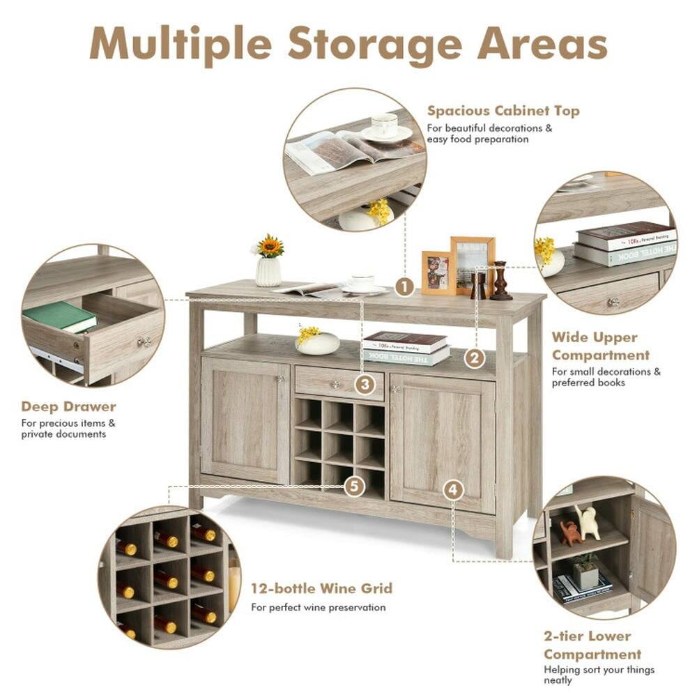 Multiple Storage Areas

1. Spacious Cabinet Top
   - For beautiful decorations & easy food preparation

2. Wide Upper Compartment
   - For small decorations & preferred books

3. Deep Drawer
   - For precious items & private documents

4. 12-bottle Wine Grid
   - For perfect wine preservation

5. 2-tier Lower Compartment
   - Helping sort your things neatly