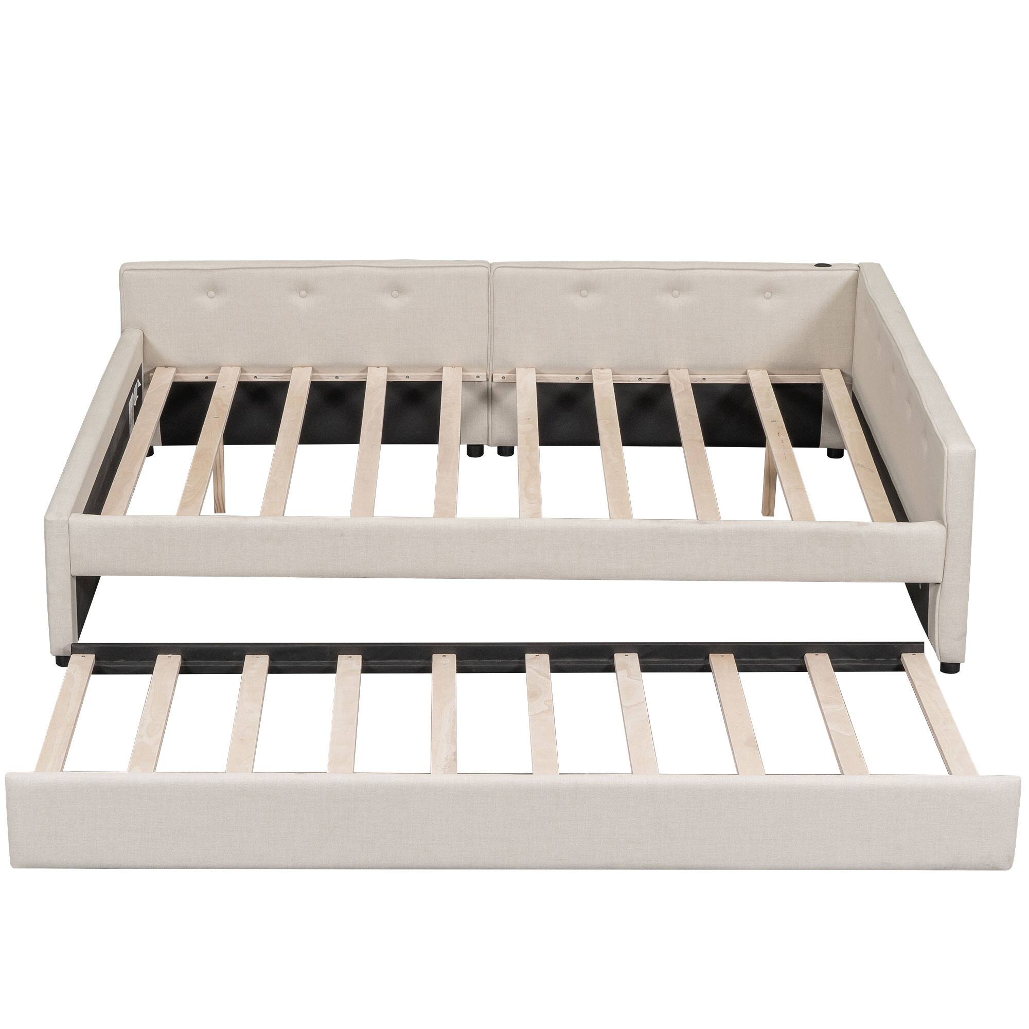 Alt View 2. LUCKY ONE - Queen Size Upholstered Platform Bed with USB and Twin Size Trundle - Beige.