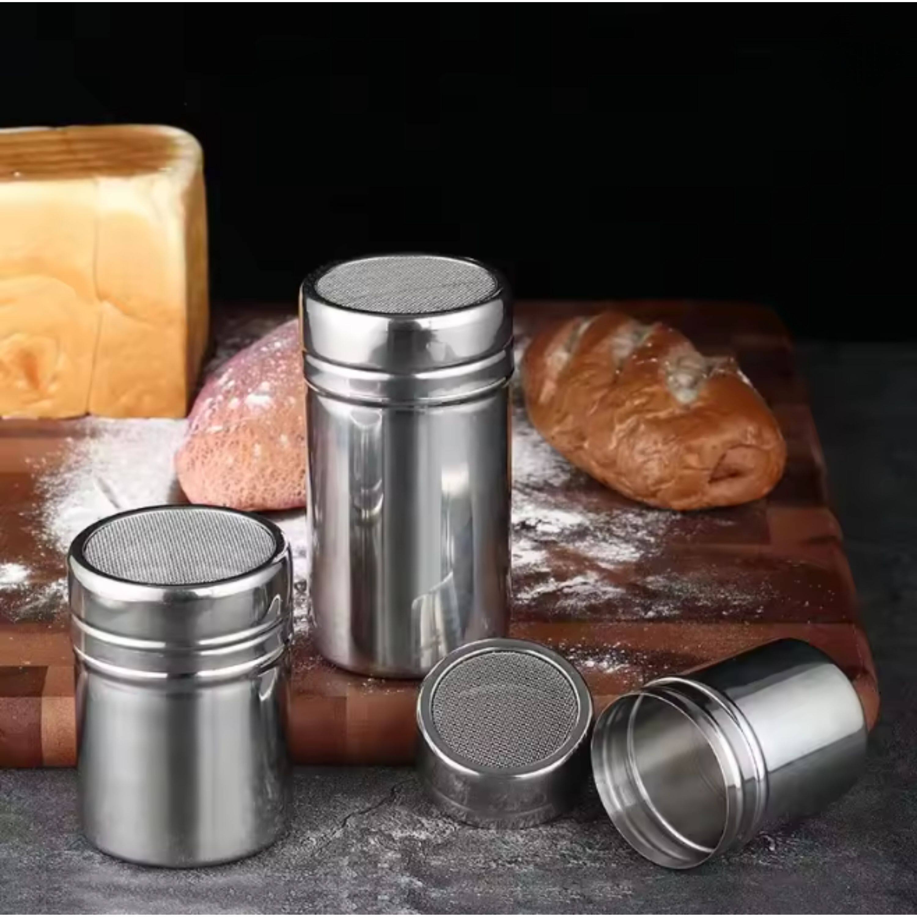 Left. Kitcheniva - Stainless Steel Powdered Sugar Cinnamon Can Shaker Duster with Fine Mesh Lid - stainless steel.