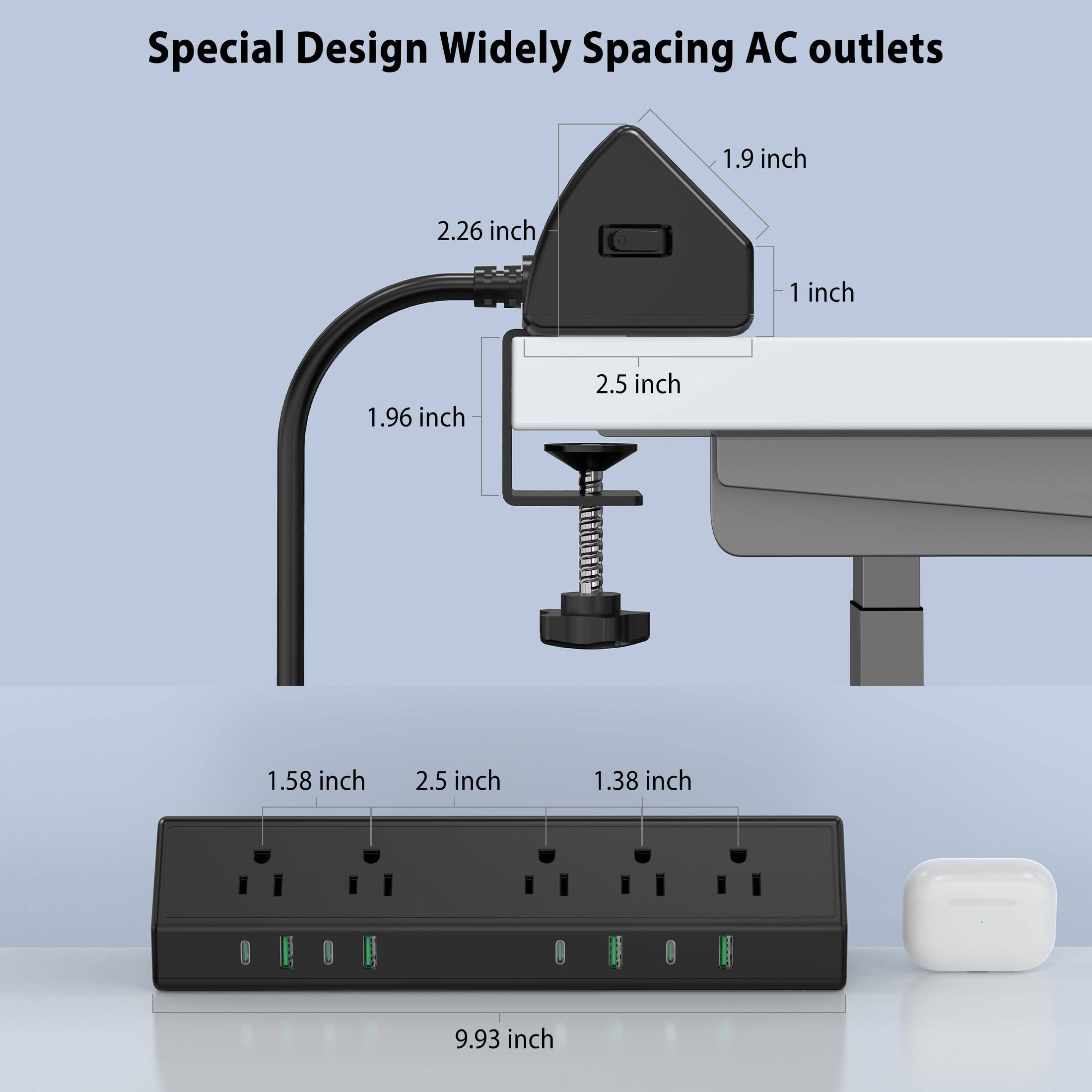 Special Design Widely Spacing AC outlets

- 1.9 inch
- 2.26 inch
- 1 inch
- 1.96 inch
- 2.5 inch
- 1.58 inch
- 2.5 inch
- 1.38 inch
- 9.93 inch