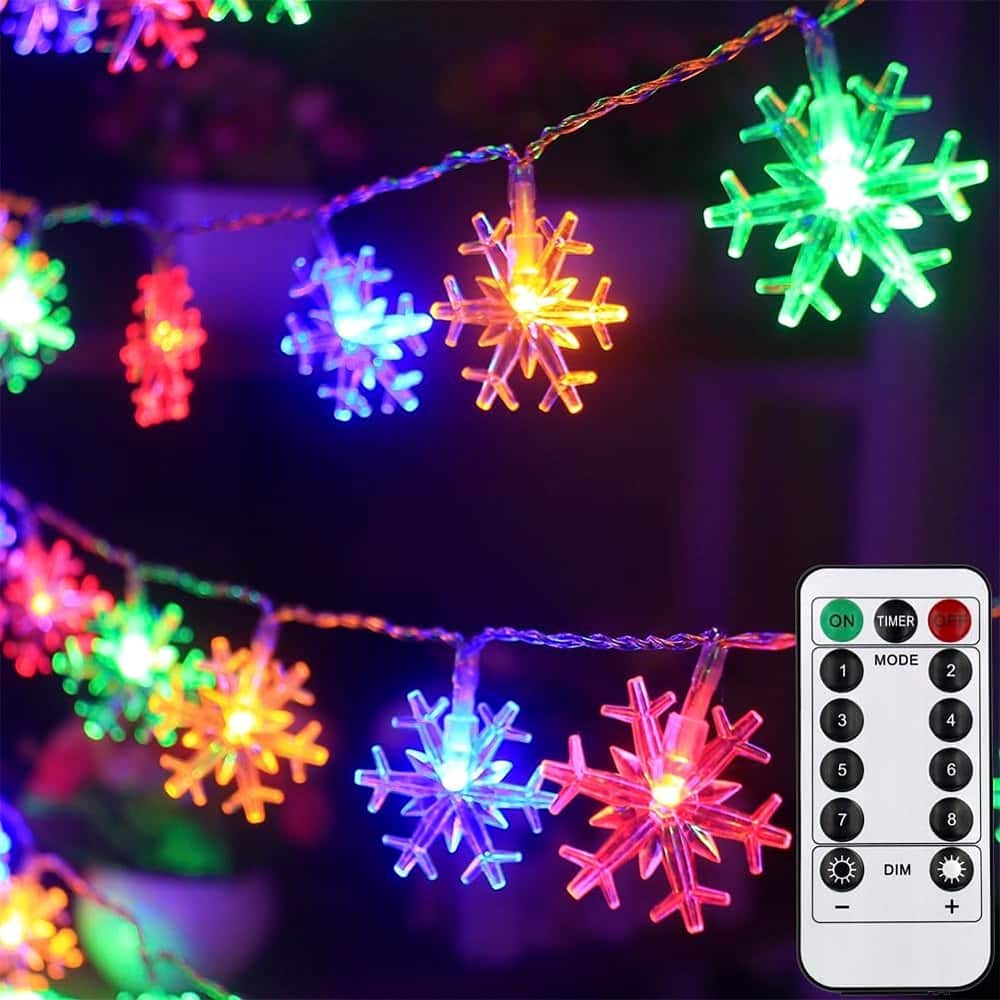 MOSZAR LLC - 30ft 60 LED Snowflake String Lights, Battery Operated, Multicolor with Remote