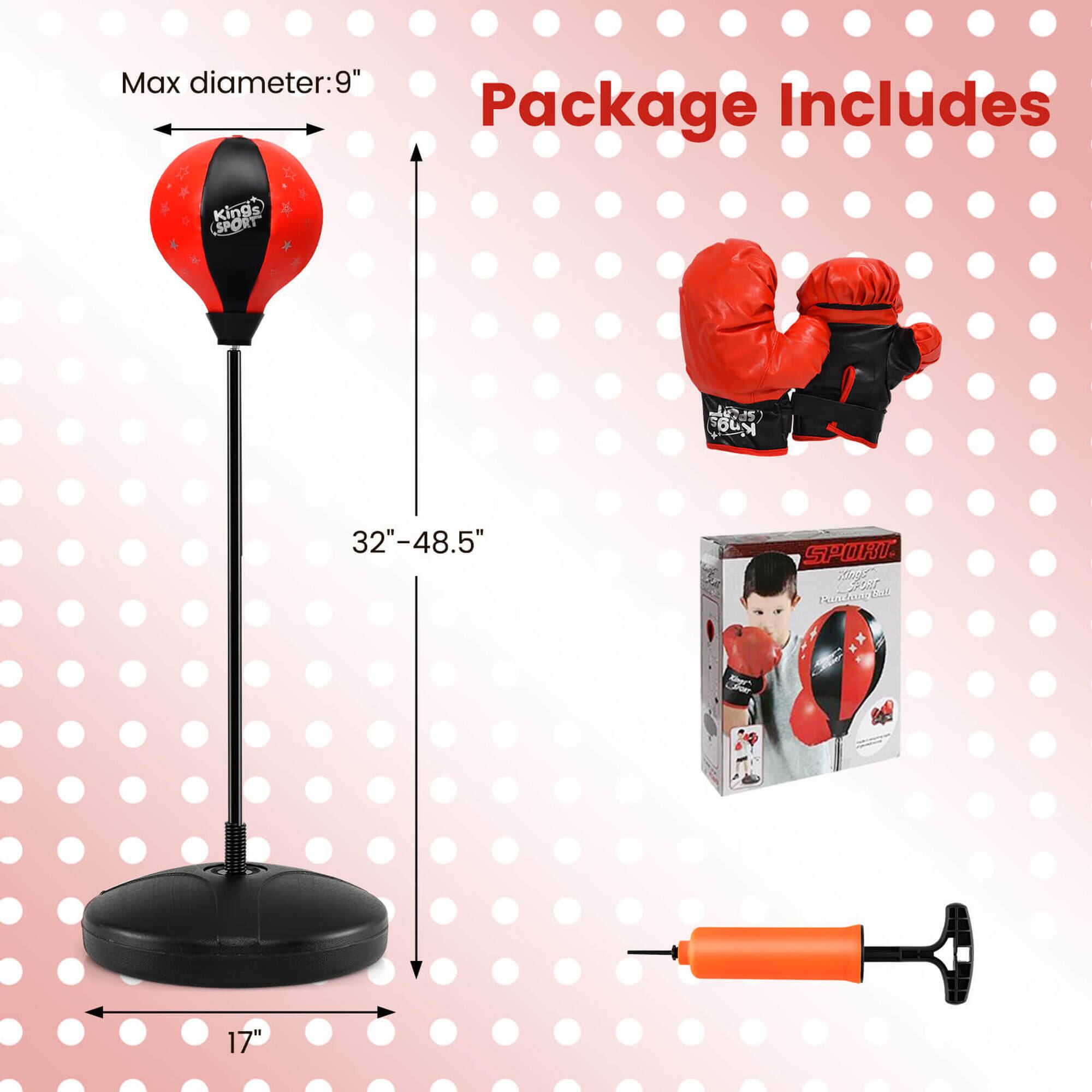 Max diameter: 9"

Package Includes:
- Kings SPORT (32"-48.5")
- 2 gloves
- 17" base
- 1 pump