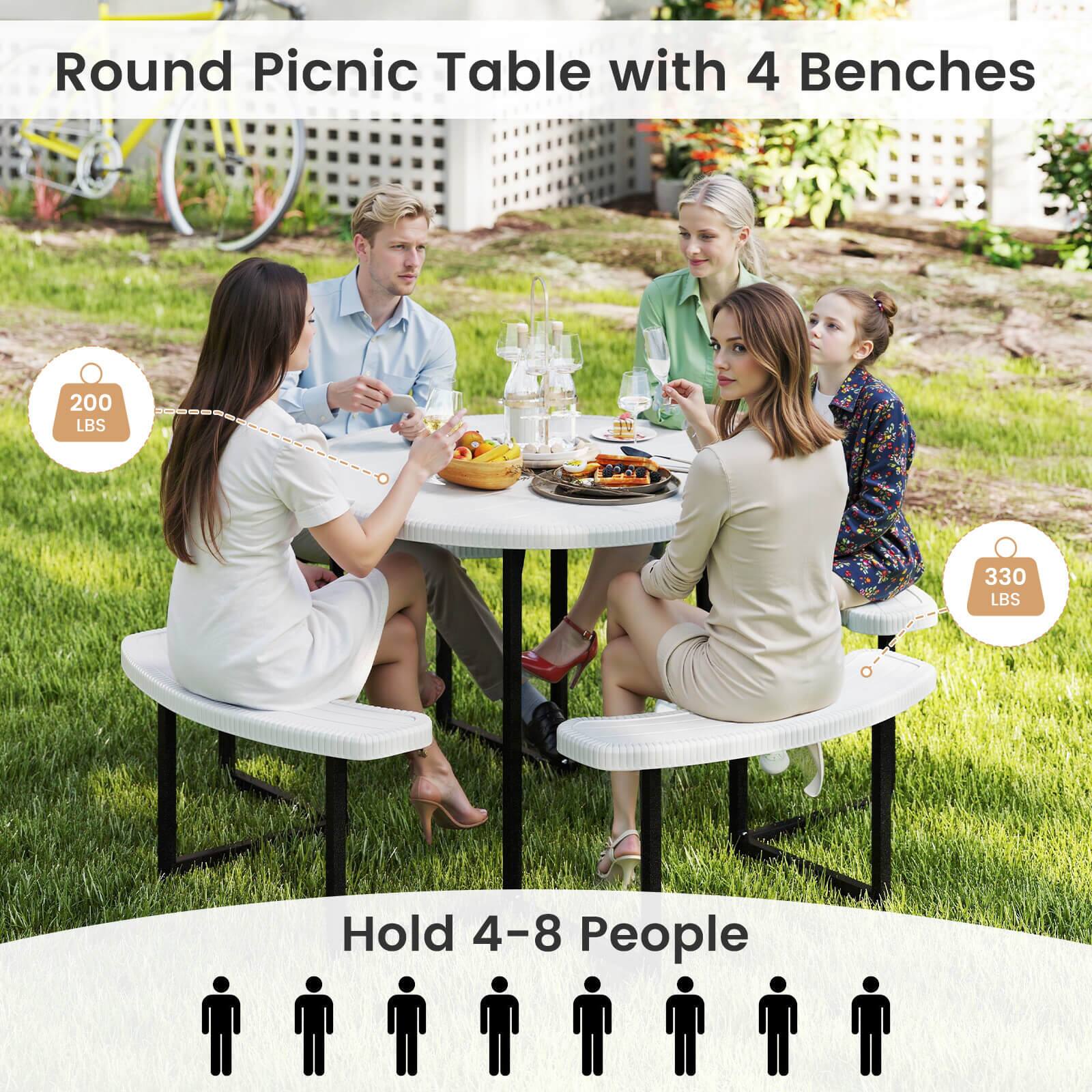 The text on the image is grouped as follows:

Round Picnic Table with 4 Benches:

* 200 LBS:
	+ Hold 4-8 People: