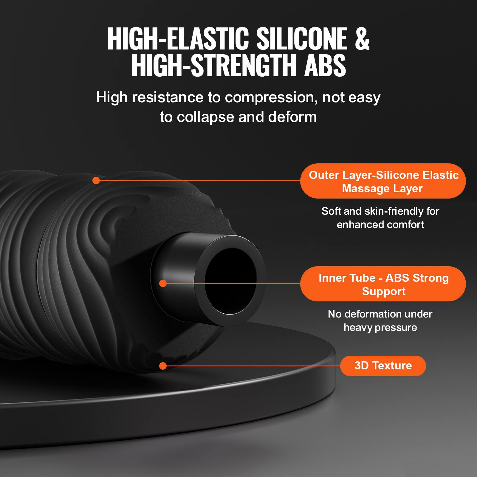 HIGH-ELASTIC SILICONE & HIGH-STRENGTH ABS

High resistance to compression, not easy to collapse and deform

Outer Layer - Silicone Elastic Massage Layer
Soft and skin-friendly for enhanced comfort

Inner Tube - ABS Strong Support
No deformation under heavy pressure

3D Texture