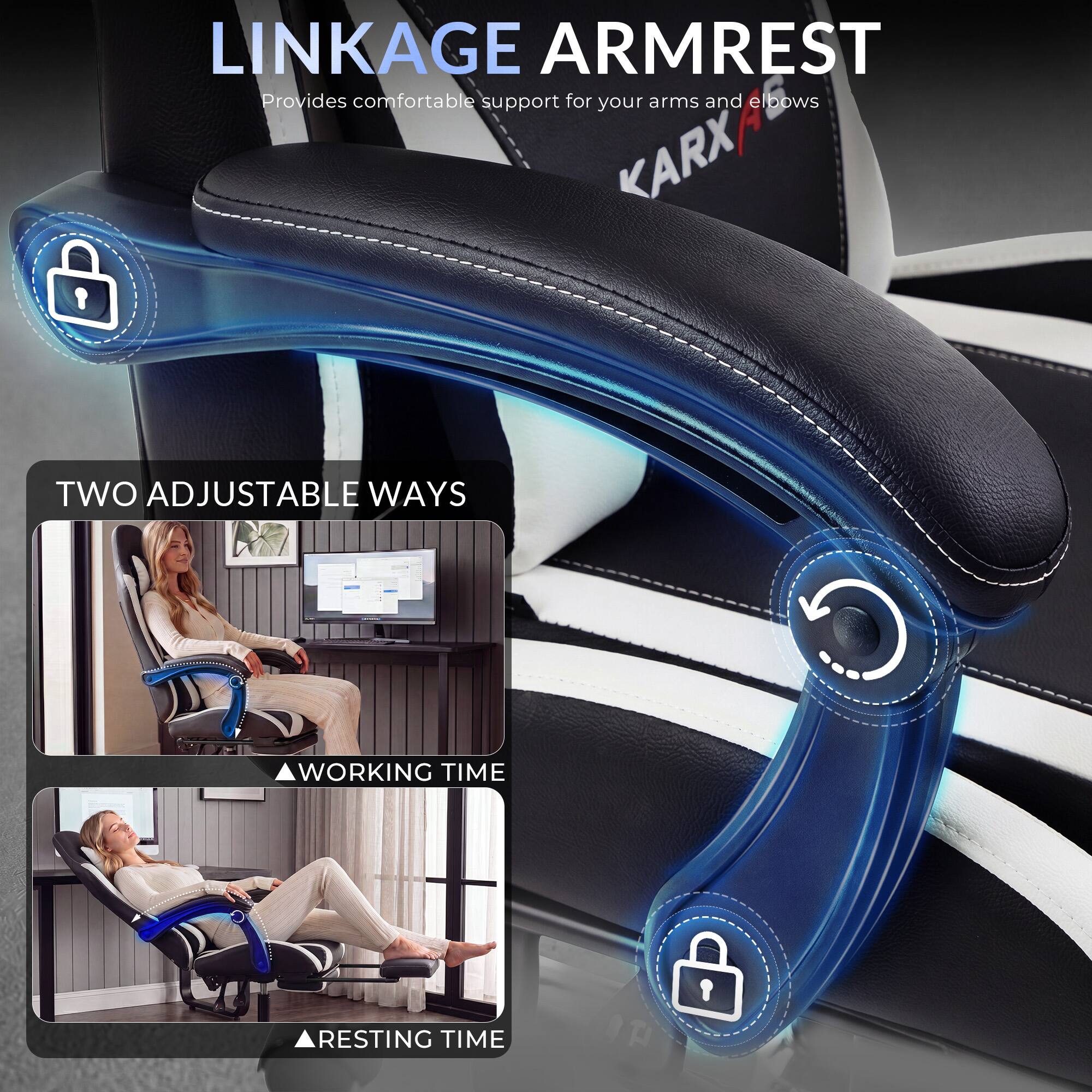 LINKAGE ARMREST  
Provides comfortable support for your arms and elbows  

TWO ADJUSTABLE WAYS  
WORKING TIME  
RESTING TIME