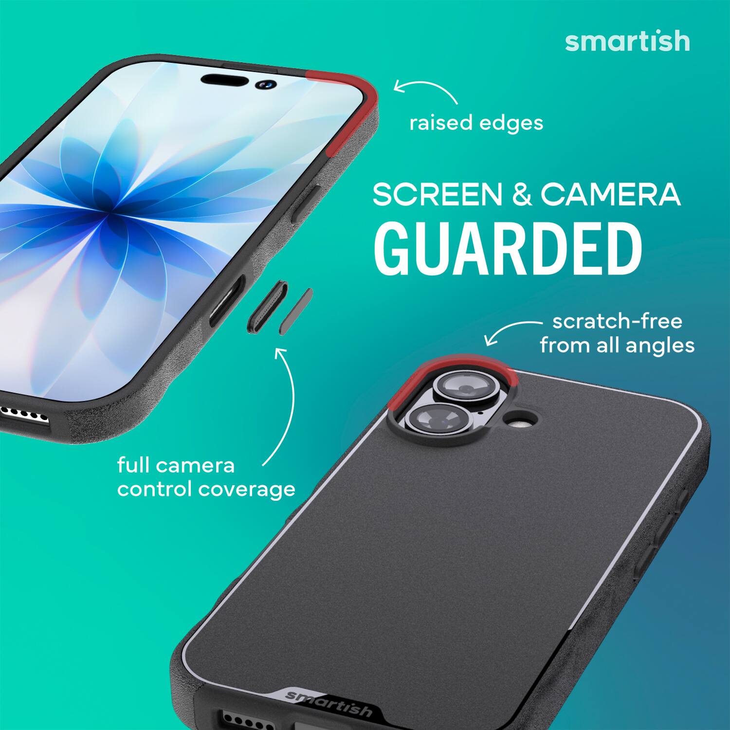 smartish raised edges SCREEN & CAMERA GUARDED scratch-free from all angles full camera control coverage smartish