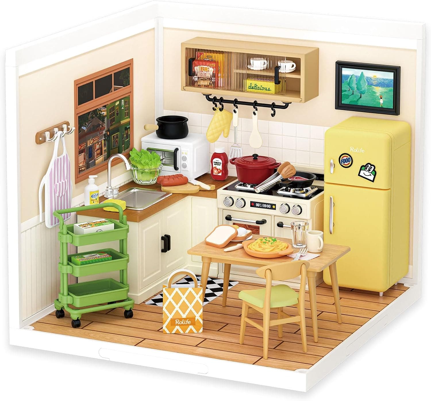 Robotime - Rolife Happy Meals Kitchen DIY Miniature Plastic House Building Set Toys Playset with LED Suitable for Mini Figures - Brown