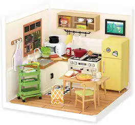 Robotime - Rolife Happy Meals Kitchen DIY Miniature Plastic House Building Set Toys Playset with LED Suitable for Mini Figures - Brown