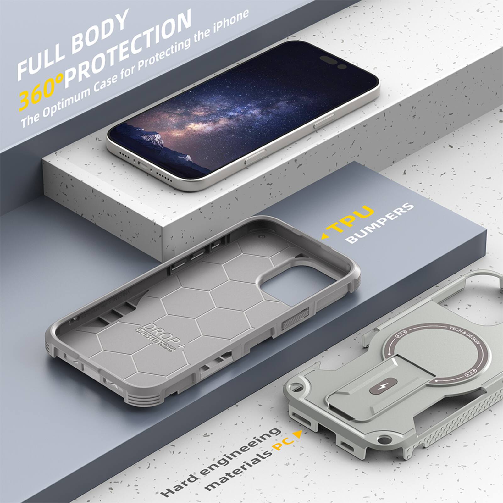 FULL BODY 360° PROTECTION  
The Optimum Case for Protecting the iPhone

TPU BUMPERS

Hard engineering materials PC

TECH & DESIGN