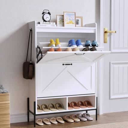Front. Babevy - 2-Tier Shoe Cabinet with Flip Drawers and Open Shelves, Narrow Shoe Rack with Metal Legs - White.