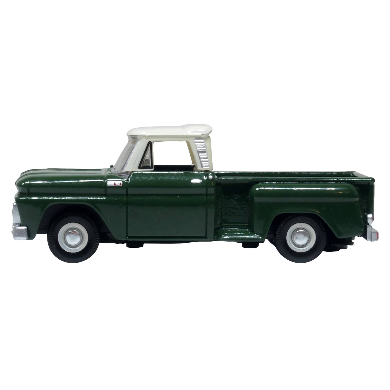 Alt View 2. Oxford Diecast - 1965 Chevrolet C10 Stepside Pickup Truck Dark Green with Ivory Top 1/87 (HO) Scale Diecast Model Car by Oxford Diecast.