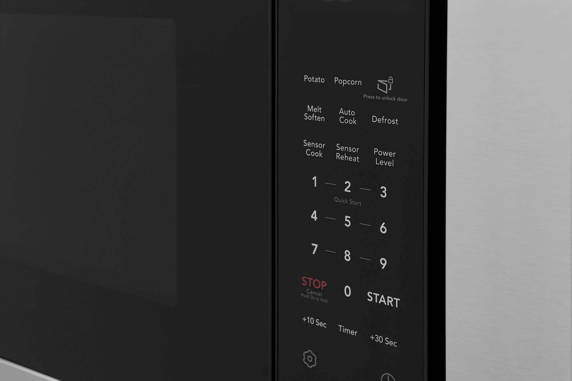 Potato Popcorn Press to unlock door Melt Auto Soften Cook Defrost Sensor Sensor Cook Reheat Power Level 1 - 2 3 Quick Start 4 - 5 6 7 8 9 STOP Hold Cancel 3s 0 to lock START +10 Sec Timer +30 Sec O