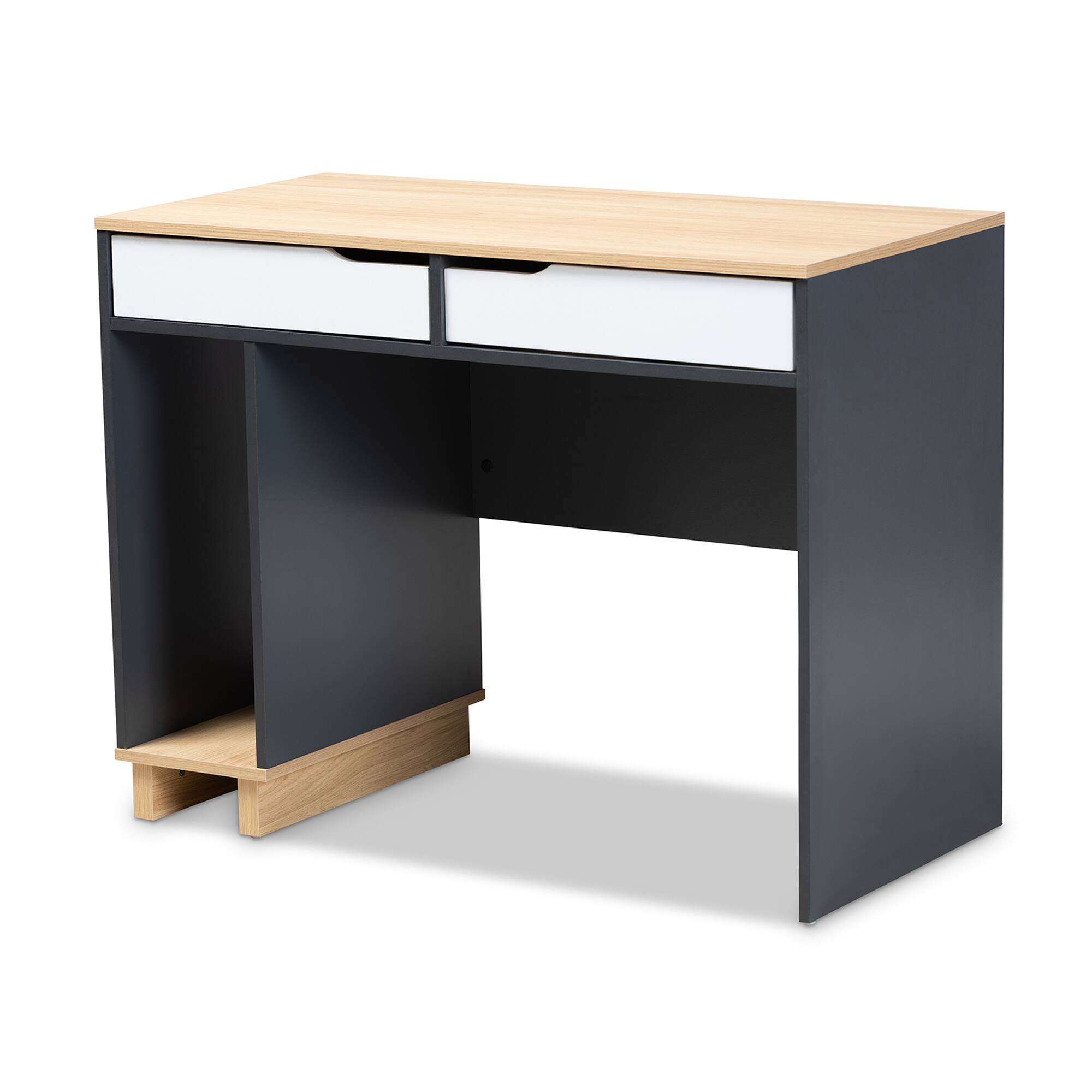 Baxton Studio - Reed Mid-Century Modern 2-Drawer Wood Computer Desk - Grey, Oak, and White