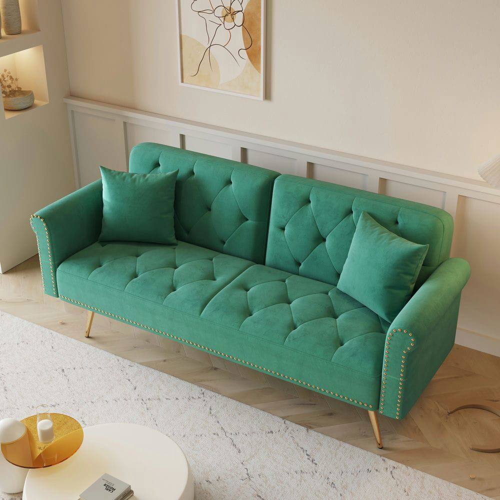 Back. Resenkos - 69.7" Velvet Sofa Bed with Nail Head Trim & Matching Throw Pillow - Green.