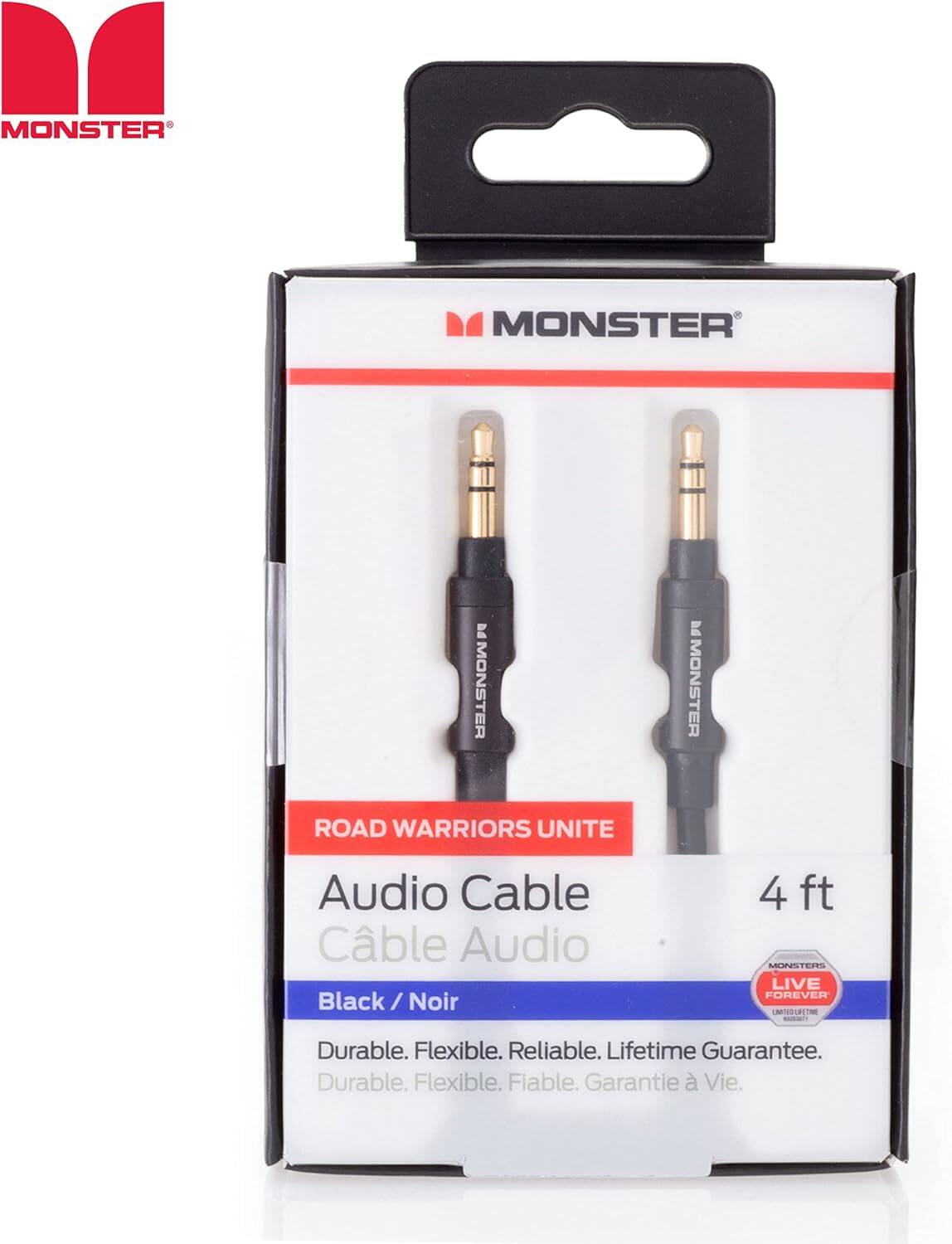 MONSTER MONSTER En MONSTER h MONSTER ROAD WARRIORS UNITE Audio Cable Cble Audio Black/Noir Noir 4 ft MONSTER LIVE FOREVER UNIROOM  Durable. Flexible. Reliable. Lifetime Guarantee. Durable. Flexible. Fiable. Garantie  Vie.