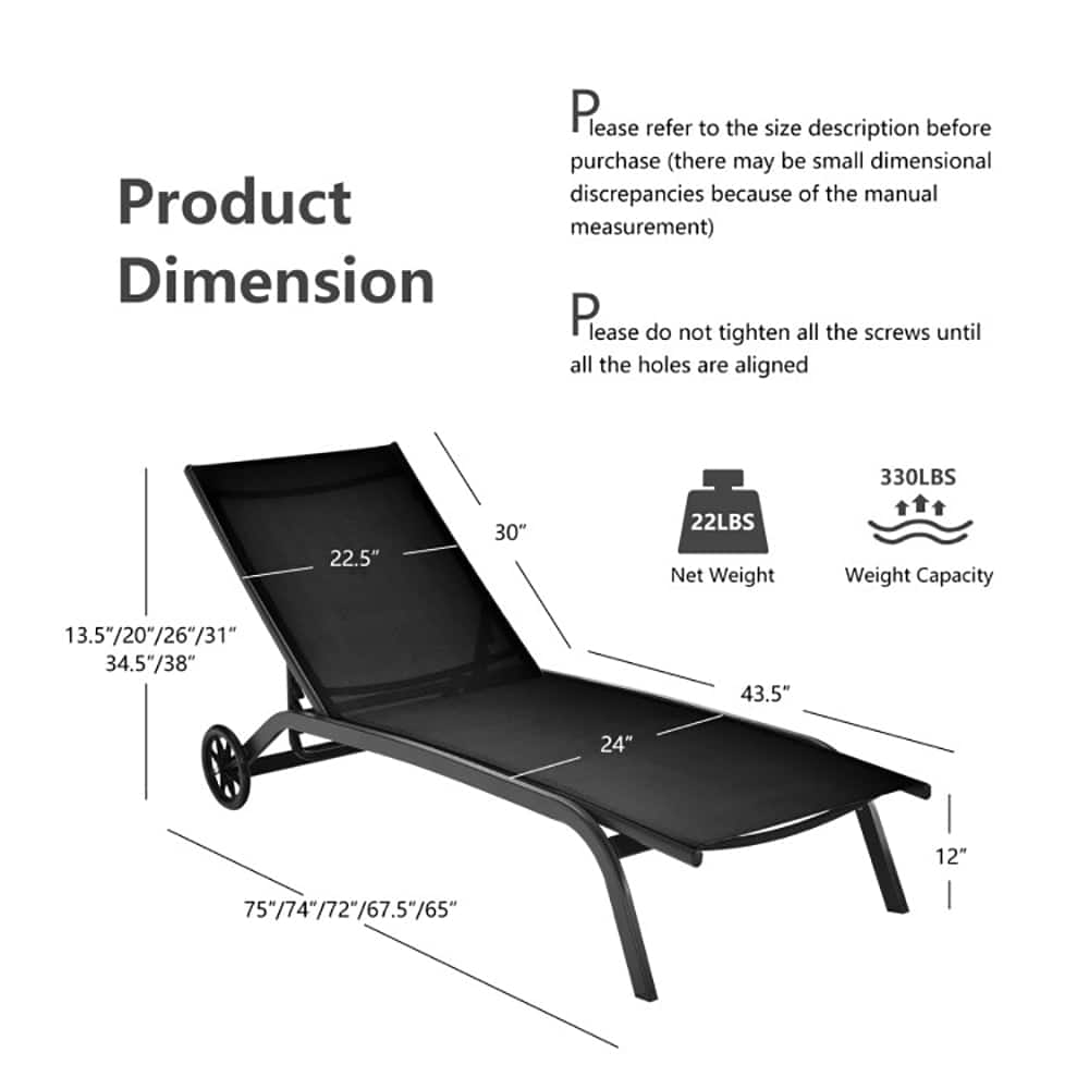 Pefilos- Patio Lounge Chair, 6-Poisition Adjustable Outdoor Chaise Recliner with Wheels- Cushion- Black