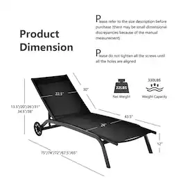 Pefilos - Patio Lounge Chair, 6-Poisition Adjustable Outdoor Chaise Recliner with Wheels- Cushion - Black