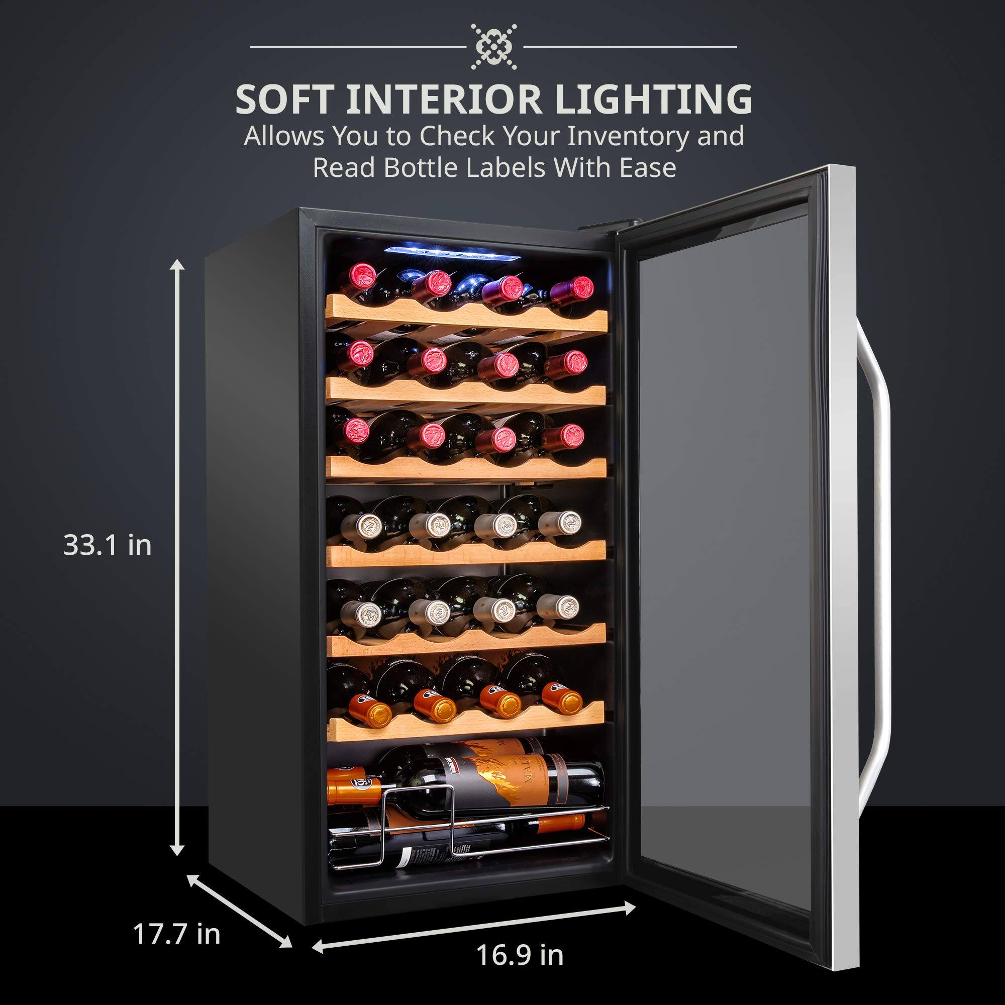 SOFT INTERIOR LIGHTING  
Allows You to Check Your Inventory and Read Bottle Labels With Ease  

33.1 in  
17.7 in  
16.9 in