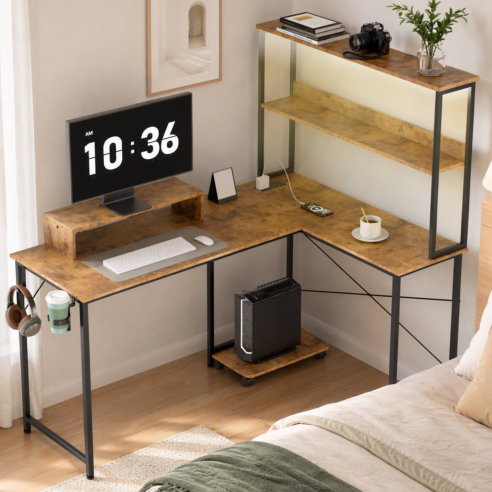 Alt View 4. Comhoma - 53 IN Reversible L-Shaped Office Desk with LED Lights, Power Outlets Executive Desk with Hooks and Cup Holder - Wood.