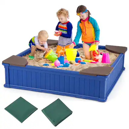 Front. Gymax - Gymax Kids Outdoor Sandbox 48.5'' x 48.5'' x 12.5'' Large HDPE Sandpit w/ Oxford Cover - Navy.