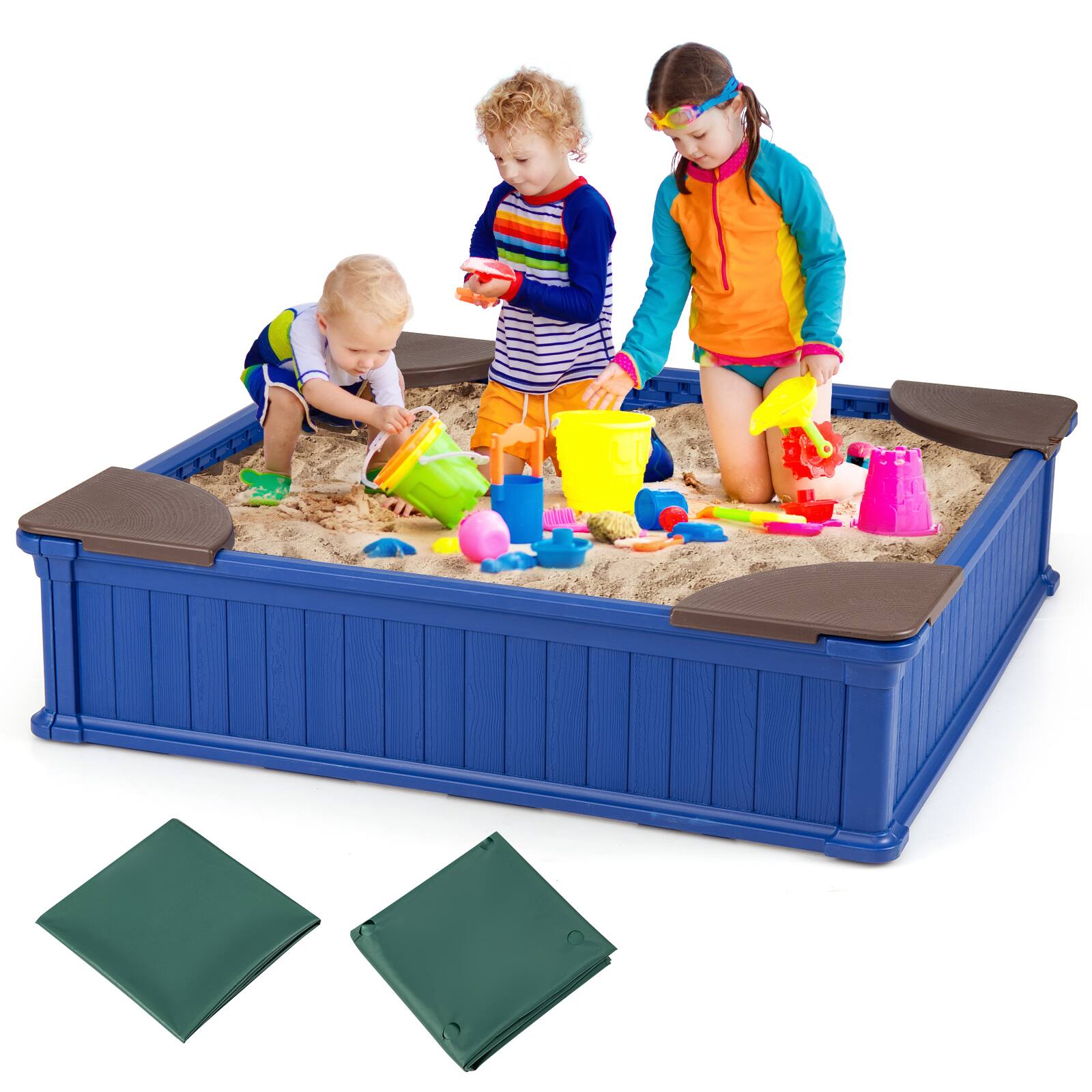 Front. Gymax - Gymax Kids Outdoor Sandbox 48.5'' x 48.5'' x 12.5'' Large HDPE Sandpit w/ Oxford Cover - Navy.
