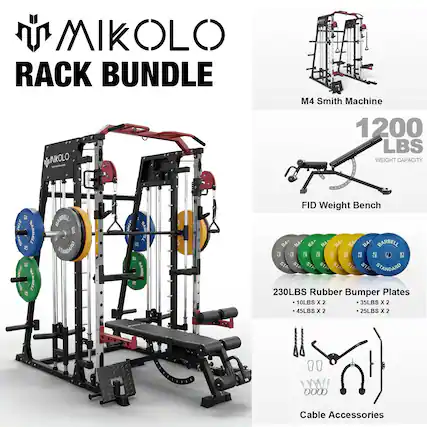 MIKOLLO RACK BUNDLE
M4 Smith Machine
1200 LBS WEIGHT CAPACITY
FID Weight Bench
230LBS Rubber Bumper Plates
- 10LBS x 2
- 35LBS x 2
- 45LBS x 2
- 25LBS x 2
Cable Accessories
