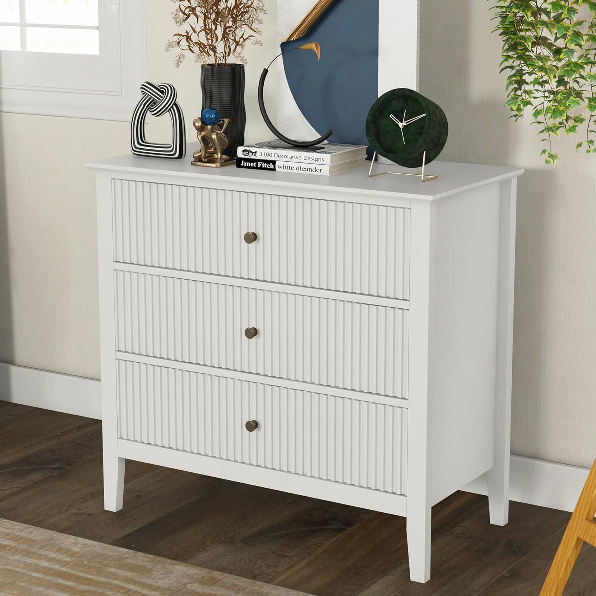 RoyalCraft - Fluted Dresser 3 Drawer Bedroom Storage Cabinet and Nightstand - White