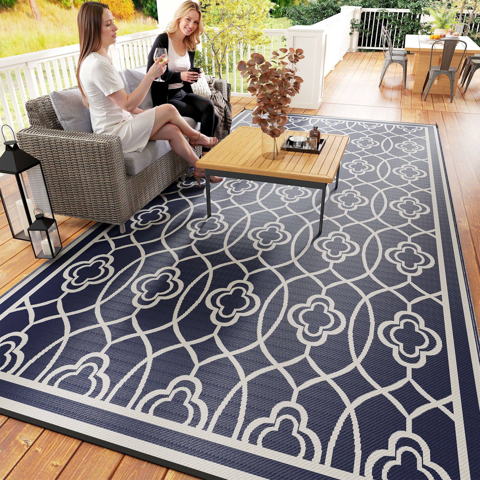 Alt View 8. Outsunny - Outdoor Rug for Patio, 9' x 18' Waterproof Large Mat, Reversible Plastic Straw Rug for Décor - Blue and White Lantern.