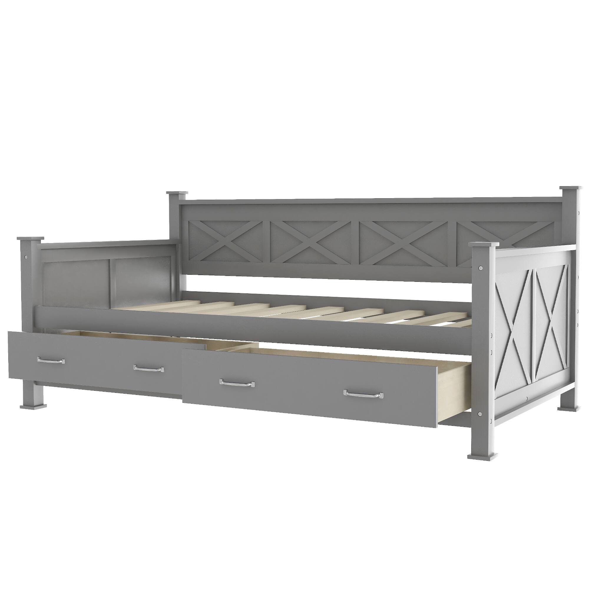 Alt View 4. Tiramisubest - Twin Size Daybed with 2 Large Drawers, X-shaped Frame, Modern and Rustic Casual Style Daybed, Gray - Gray.