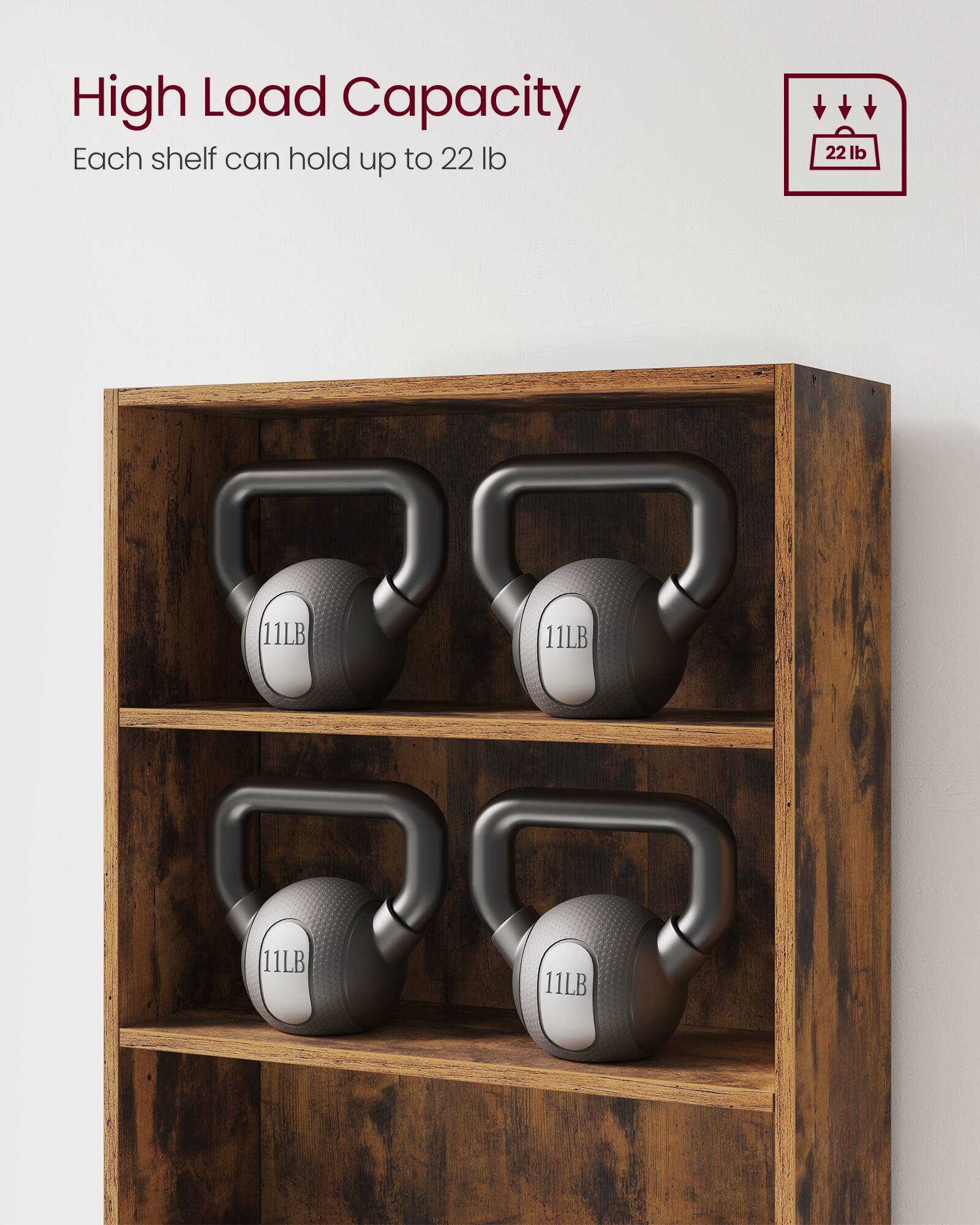 High Load Capacity  
Each shelf can hold up to 22 lb