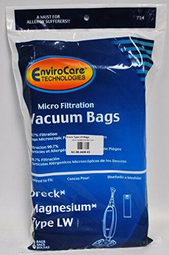 A MUST FOR ALLERGY SUFFERERS!!  
714 Envirocare TECHNOLOGIES Micro Filtration Vacuum Bags  
99.7% Filtration of Microscopic Particles and Allergens  
Designed to Fit:  
- Boreck*  
- Magnesium*  
- Type LW  

BAGS  
SACS  
BOLSAS