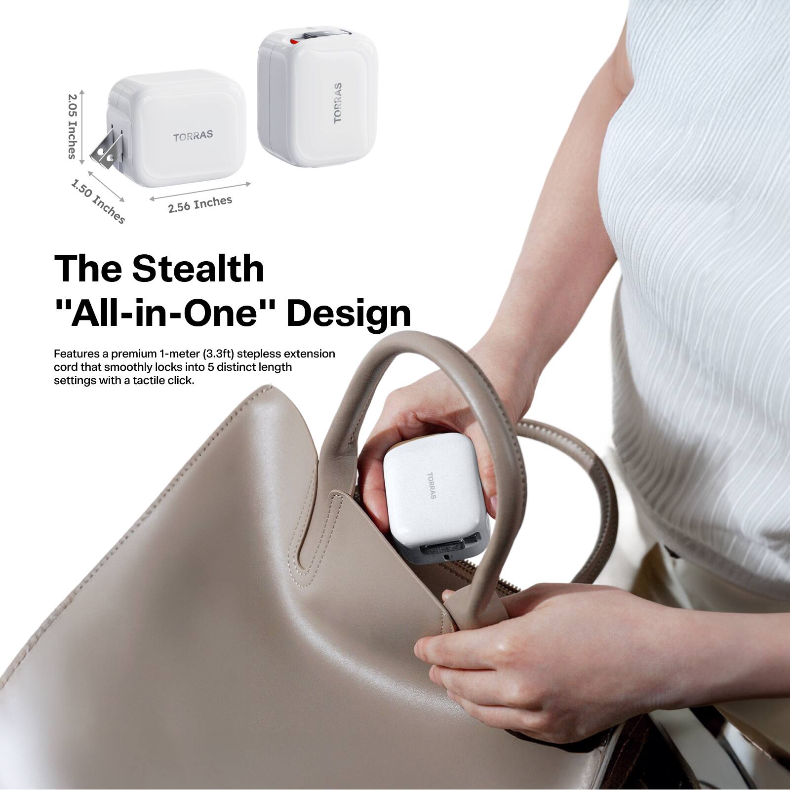 2.05 Inches  
1.50 Inches  
2.56 Inches  

The Stealth "All-in-One" Design  

Features a premium 1-meter (3.3ft) stepless extension cord that smoothly locks into 5 distinct length settings with a tactile click.