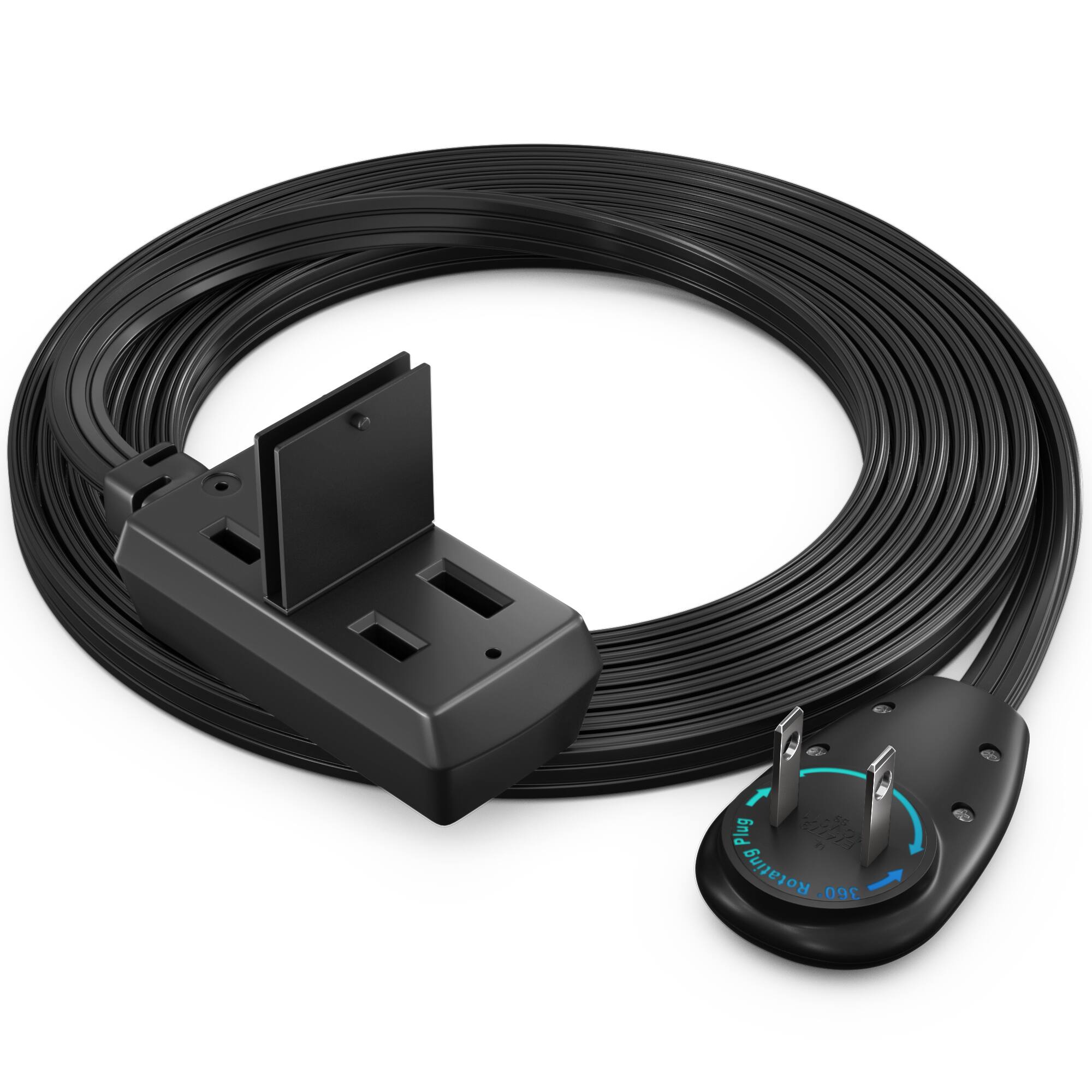 Maximm - 6ft 360° Rotating Flat Plug Extension Cord/Wire, 16 AWG Multi 3 Outlet, 2 Prong with Safety Cover - UL Certified - Black